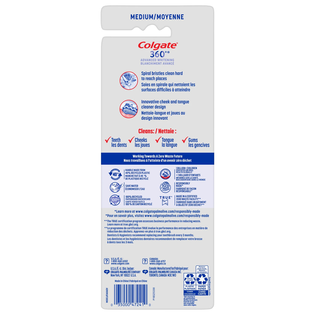 360 Advanced Whitening Medium Toothbrush Pack, 4 Count