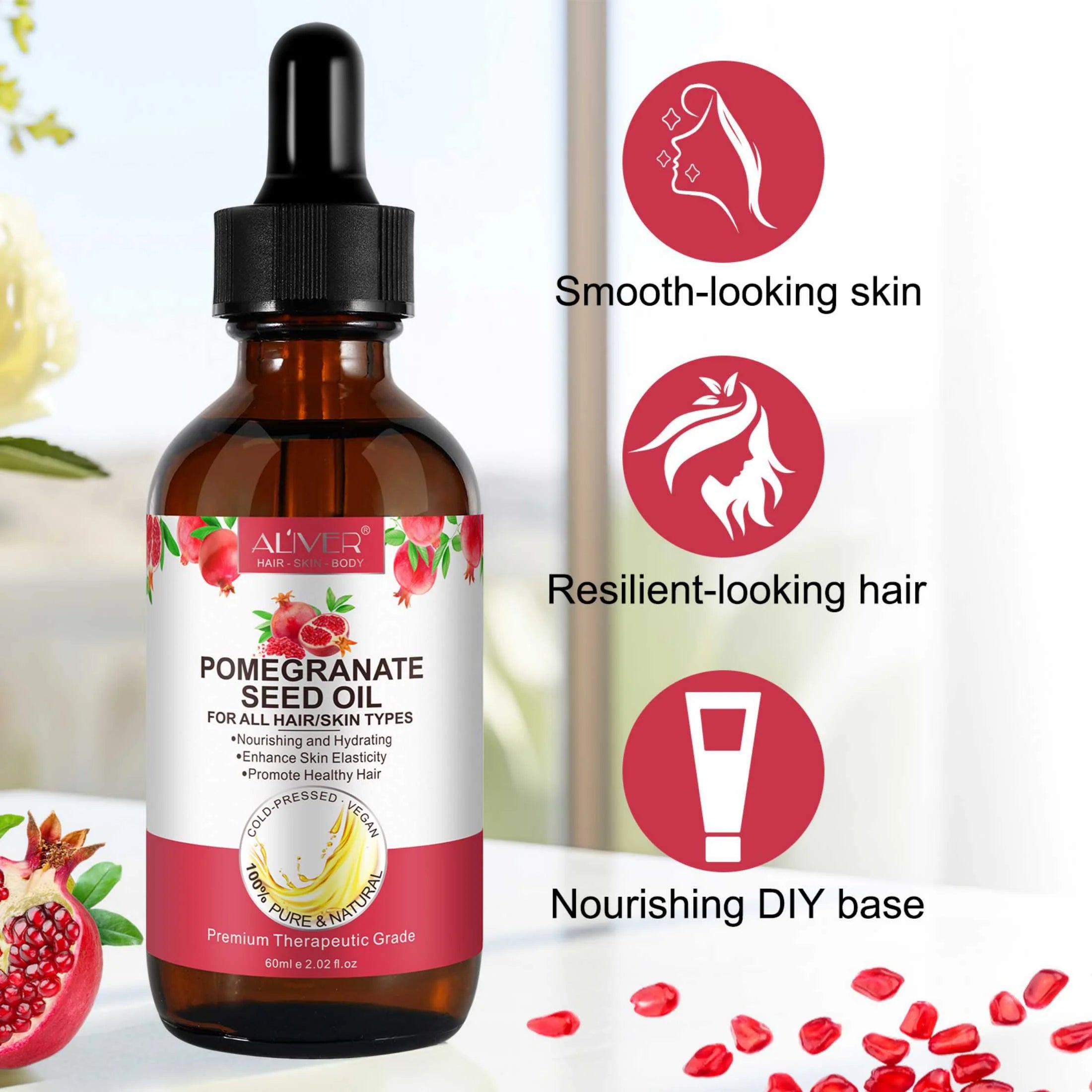 Aliver Pomegranate Seed Oil, 100% Pure & Natural,Enhance Skin Elasticity,For All Skin Types,2.02Fl.Oz
