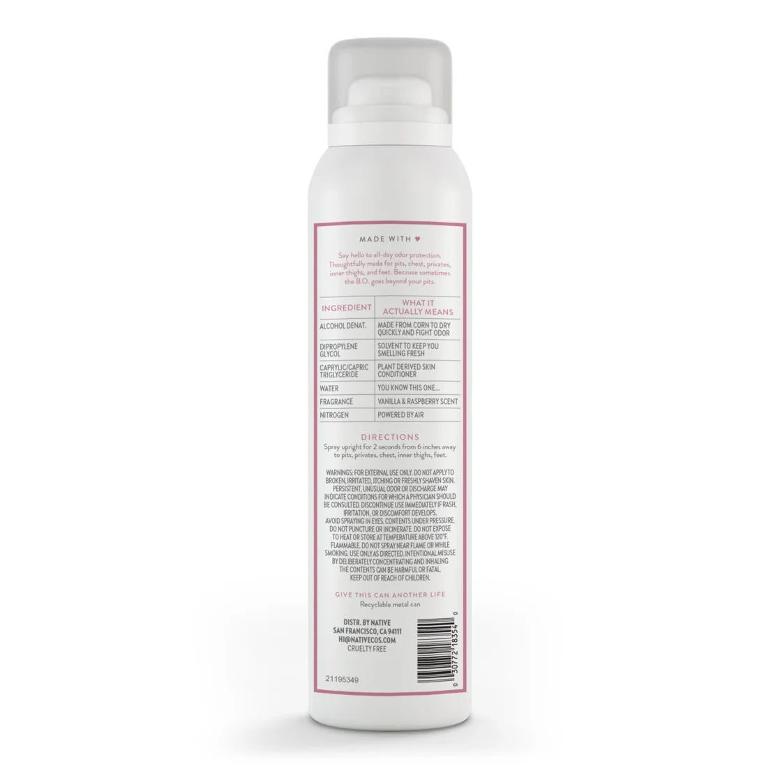 Native Vanilla & Raspberry Whole Body Deodorant Spray 3.5Oz