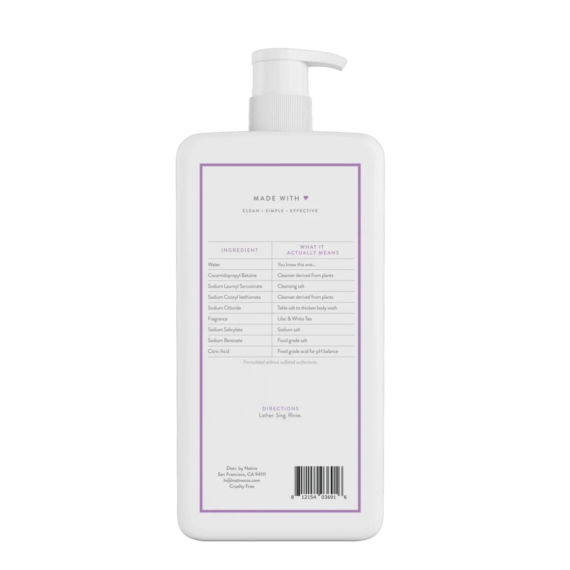 Native Body Wash, Sulfate Free, Lilac & White Tea, for Women and Men, 36 Oz