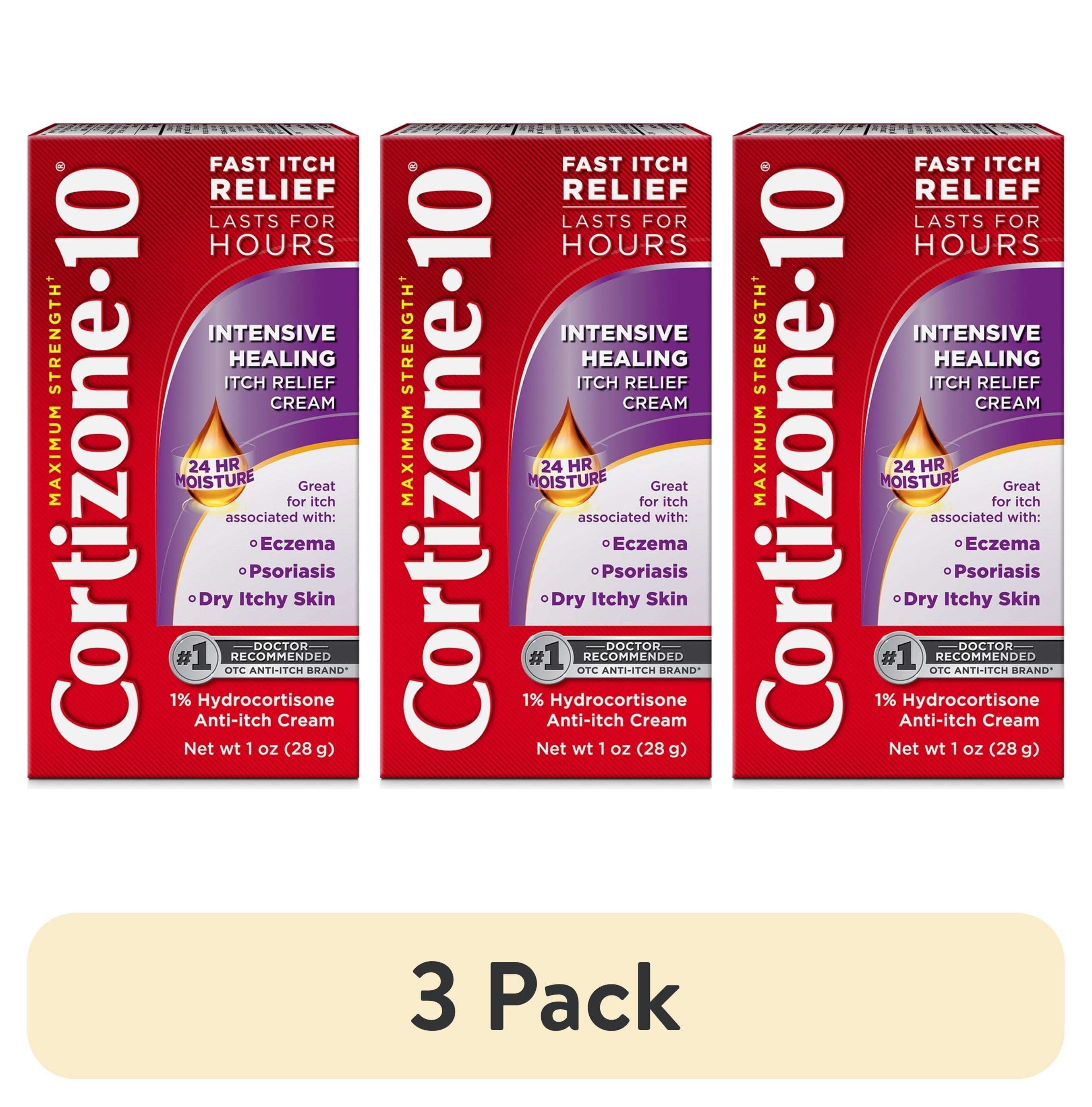 (3 Pack) Cortizone-10 Maximum Strength Intensive Healing Itch Relief Cream, 1% Hydrocortisone, Fast-Acting, Anti-Itch Cream for Bug Bites, Rash, Eczema, Psoriasis, Poison Ivy, Oak, Sumac & More, 1 Oz
