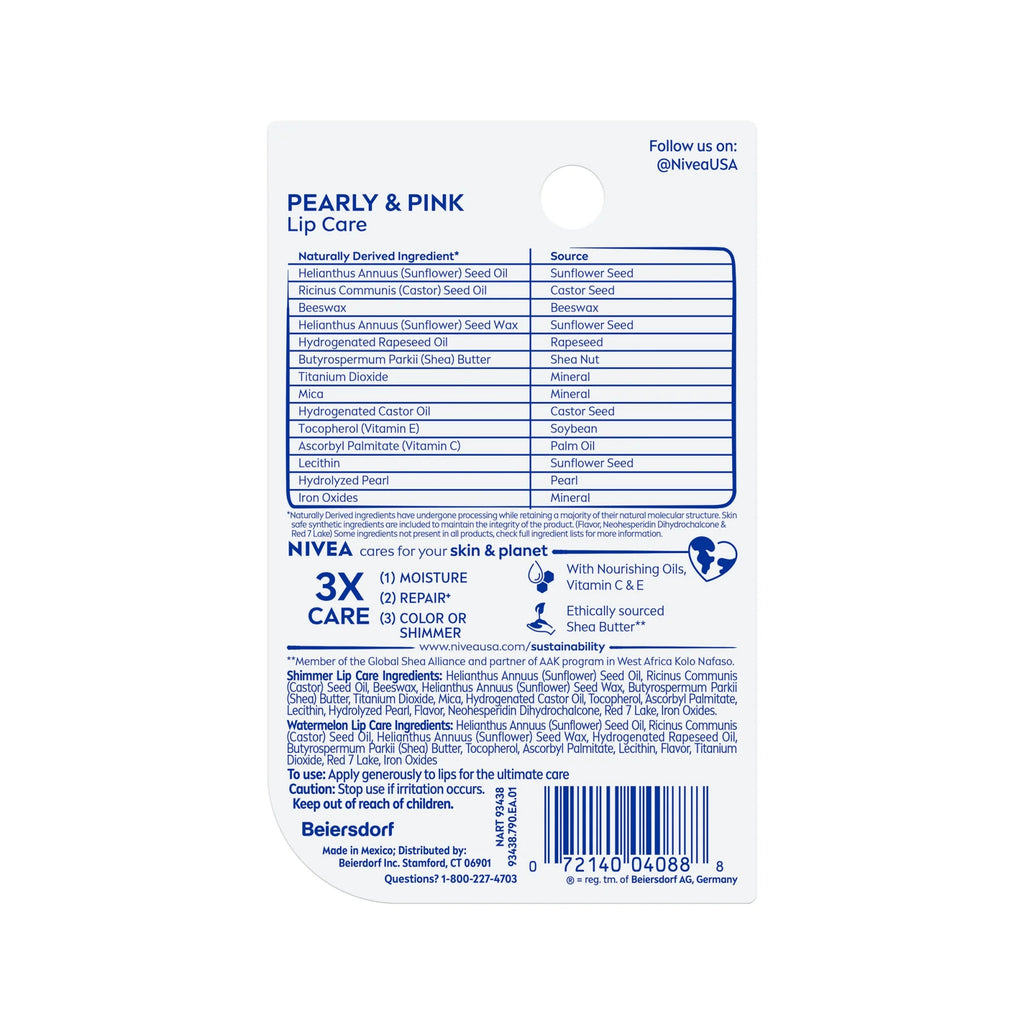 NIVEA Pearly and Pink Lip Care, Tinted Lip Balm Set, 0.17 Oz Stick, Pack of 2