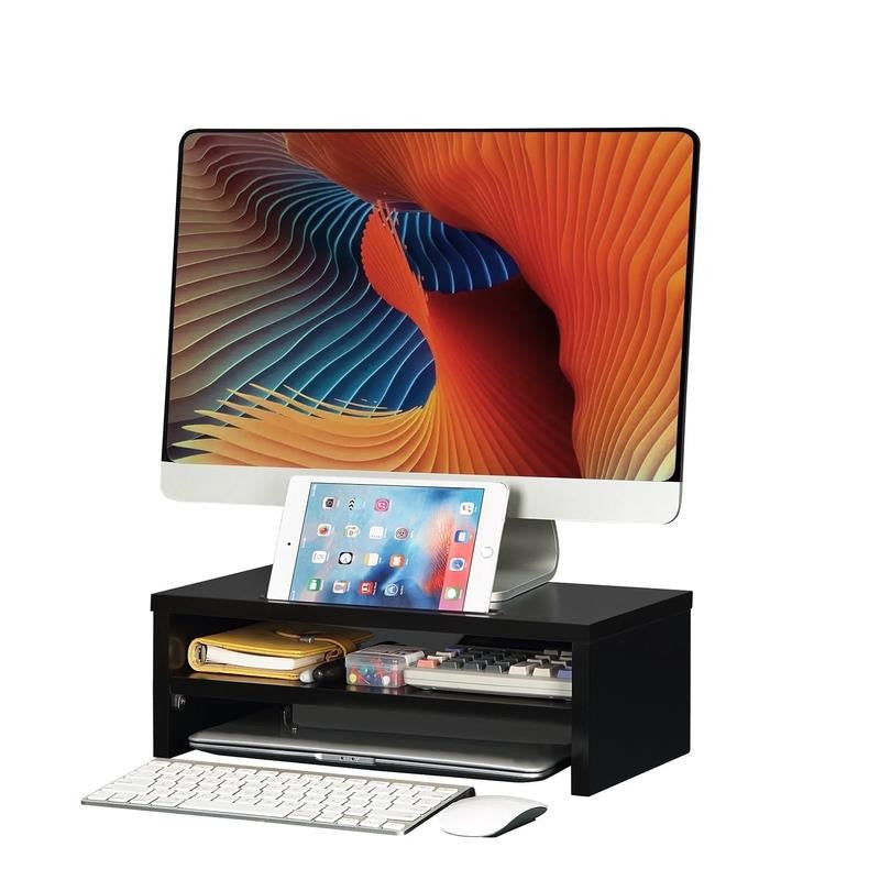 2-Tier Wooden Desktop Riser with Pad Holder,Monitor Stand Riser with Storage Org
