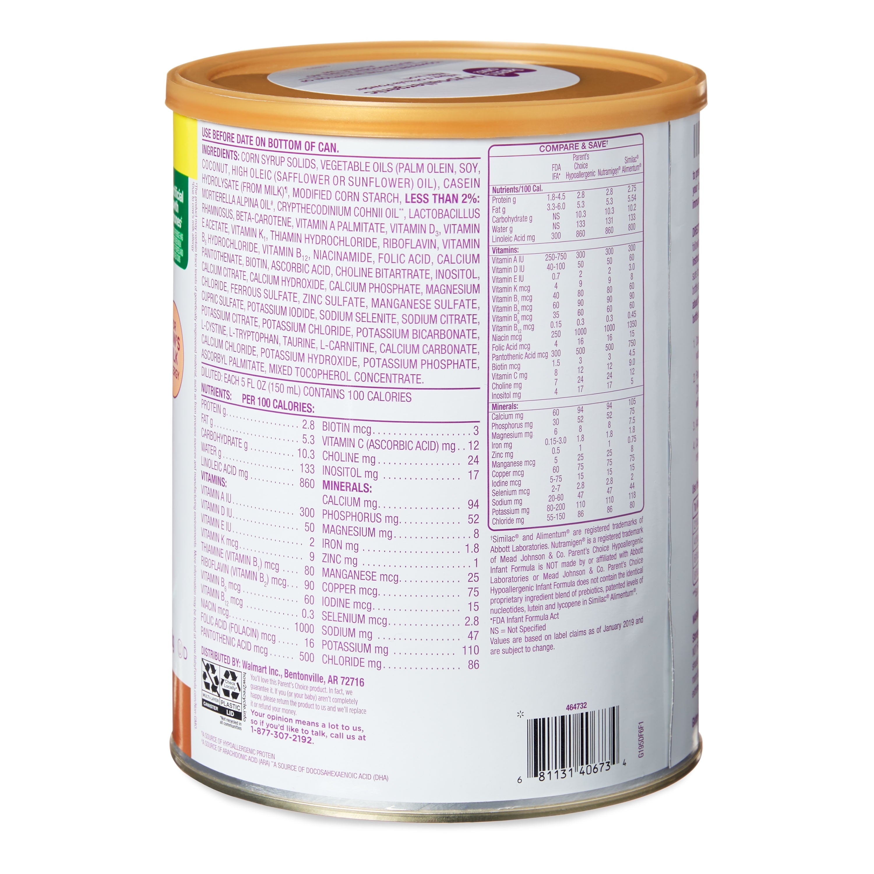 Parent'S Choice Hypoallergenic Infant Formula Powder, 27.8 Oz Canister