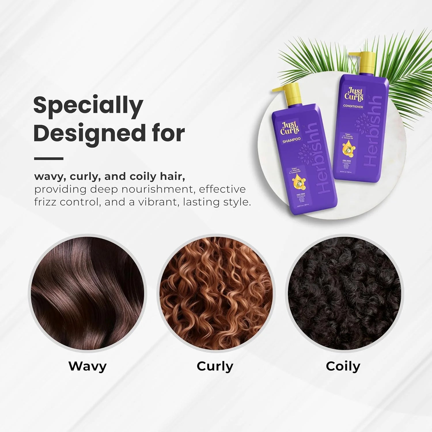 (2 Pack)  Just Curls Coconut & Avocado Oil Infused Curly Hair Shampoo and Conditioner Set, Sulfate-Free Vegan Kit for Curly Hair Care Women & Men Wavy, Curly Hair Products for Nourished Smooth Hair