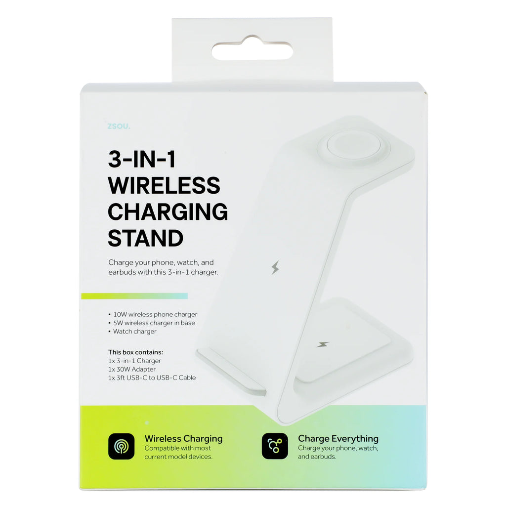 ZSOU 3-In-1 Wireless Charging Stand with Phone, Watch and Earbuds Charger Included, White