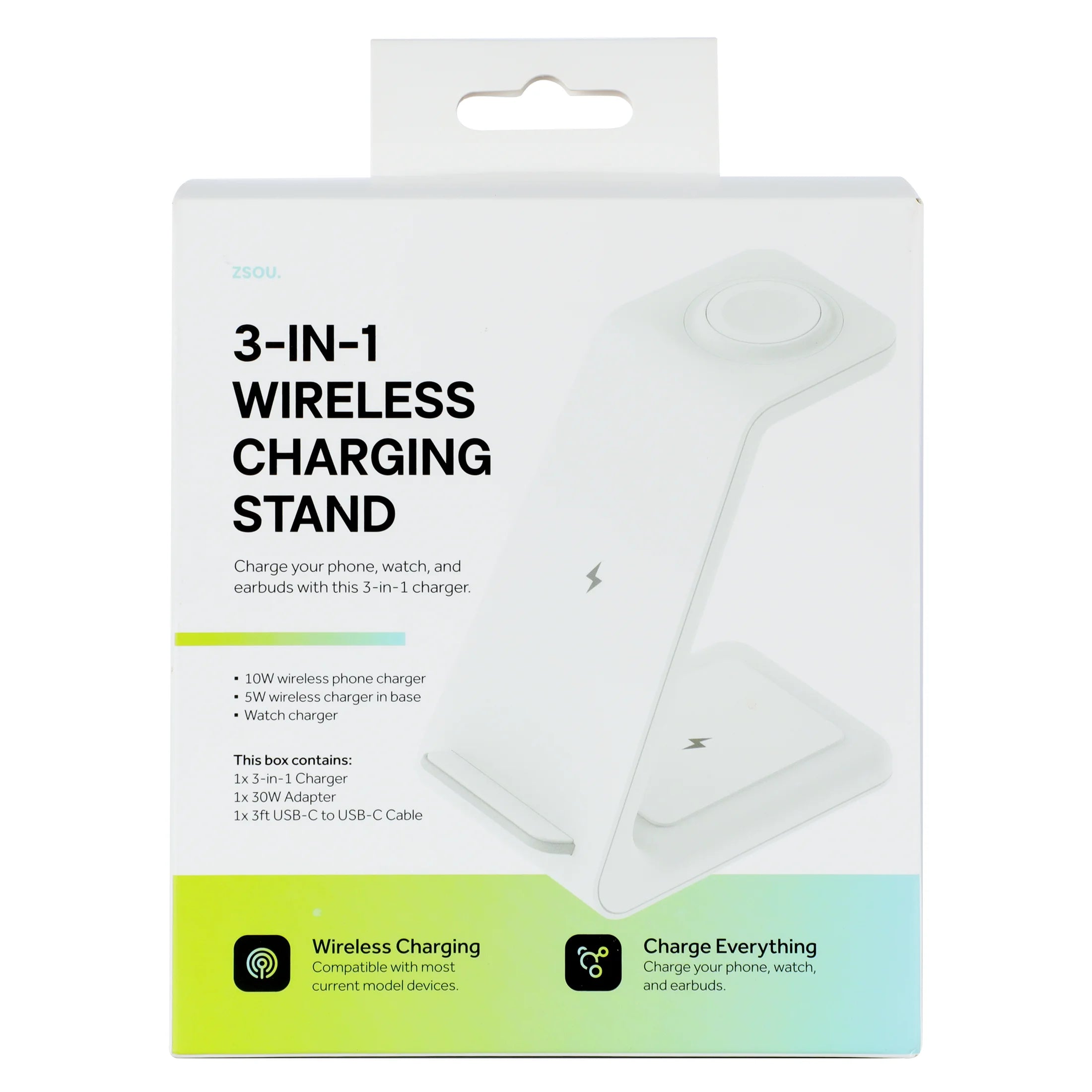 ZSOU 3-In-1 Wireless Charging Stand with Phone, Watch and Earbuds Charger Included, White