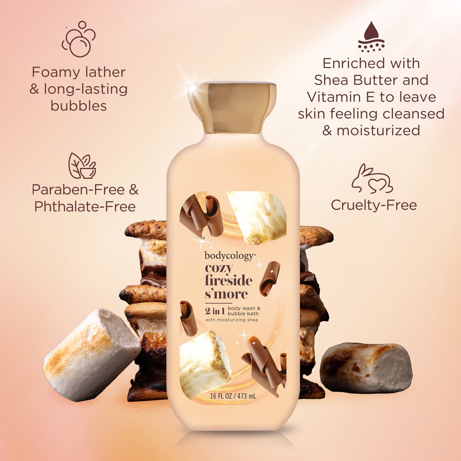2 in 1 Body Wash & Bubble Bath, Cozy Fireside S'More,16 Oz