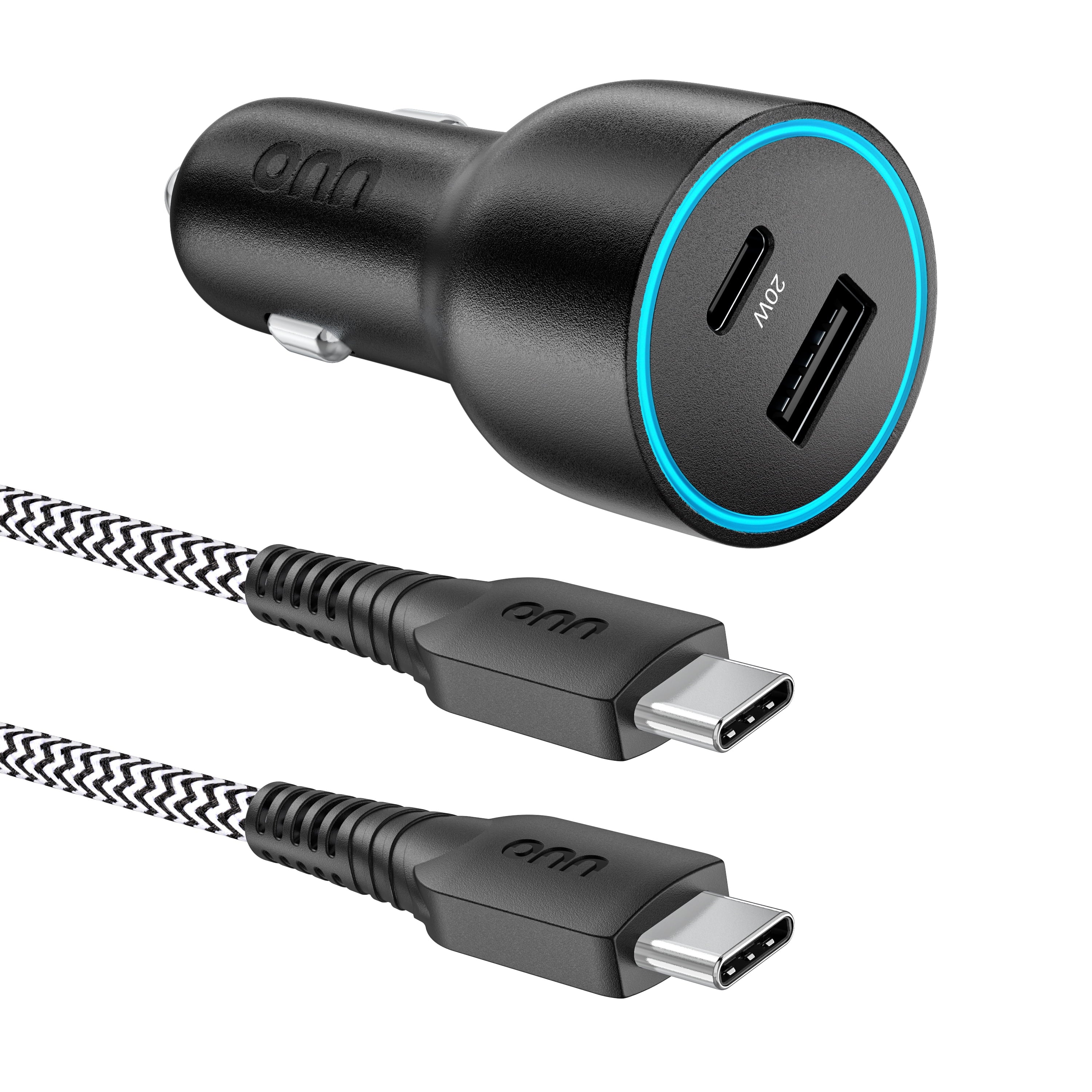 Onn 32W Dual USB-C and USB-A Port Car Charger with 3Ft C-C Cable ,USB-IF Certified, Black - Compatible with Iphone 17/16/15 Series, Samsung Galaxy, Note, Pixel Devices Ipad Pro, & More
