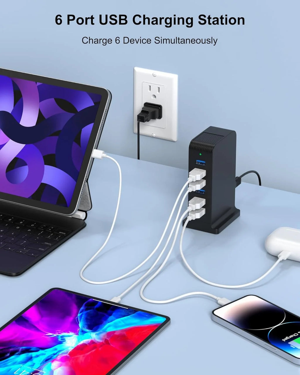 VHBW USB Tower 20W Charging Station, 6 USB Ports Charger Electric Desktop Multiple Charger Station Compatible with Smart Phone and Tablets Etc