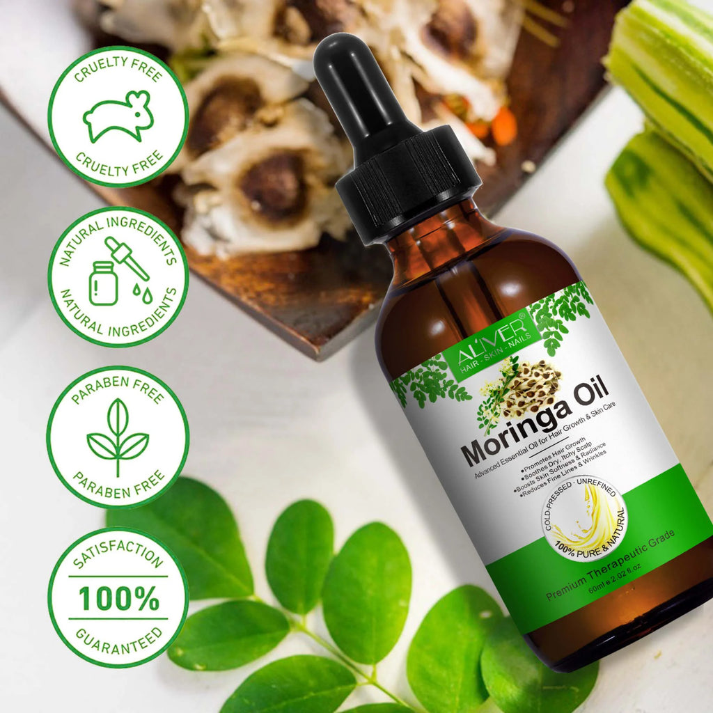 Aliver Moringa Oil 100% Pure & Natural,Reduces Breakage & Split Ends , Cold-Pressed, 2.02Fl.Oz
