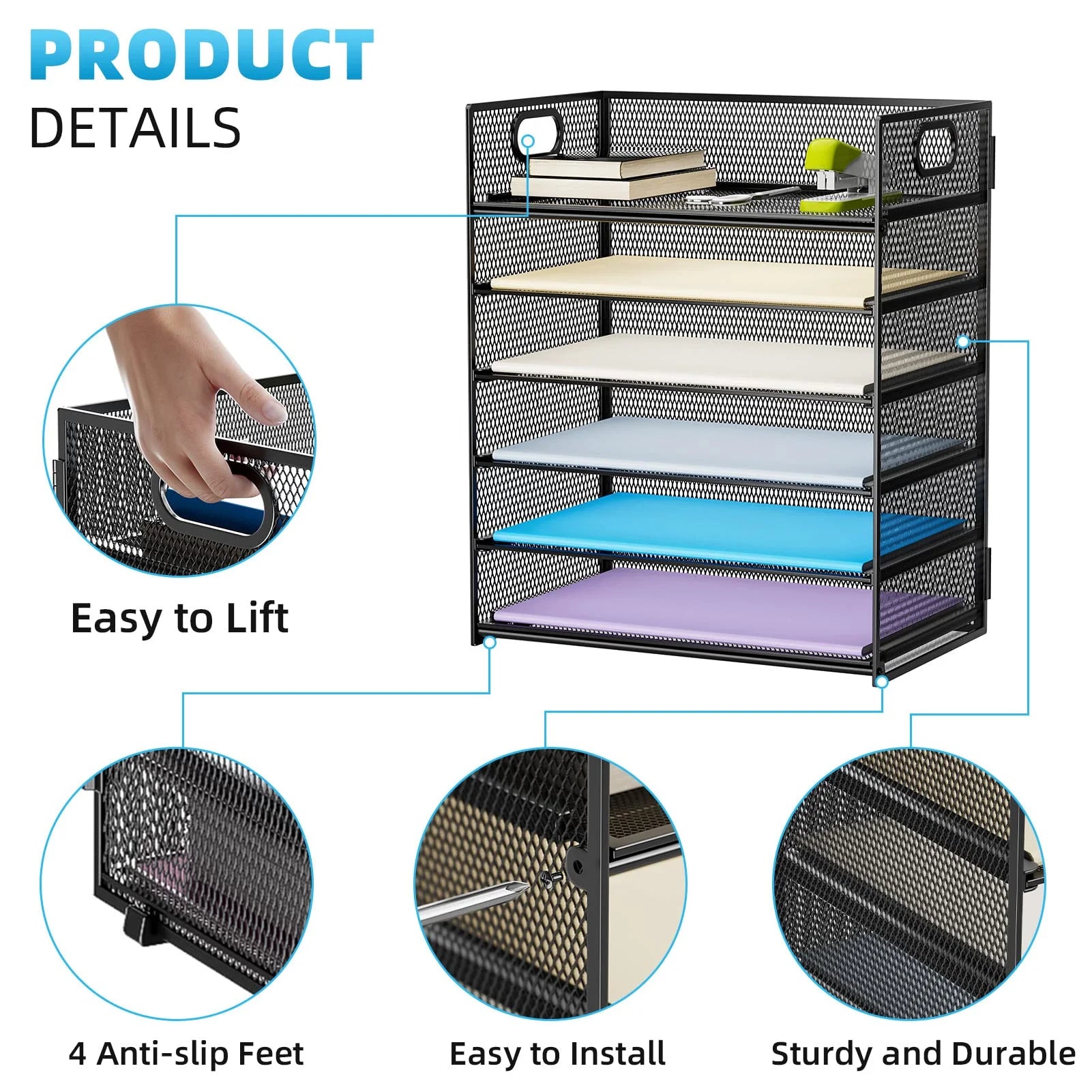 6 Tier Mesh File Organization with Handle,Paper Letter Tray Organizer , Paper Sorter Organizer for Letter/A4 Office Desktop Organization