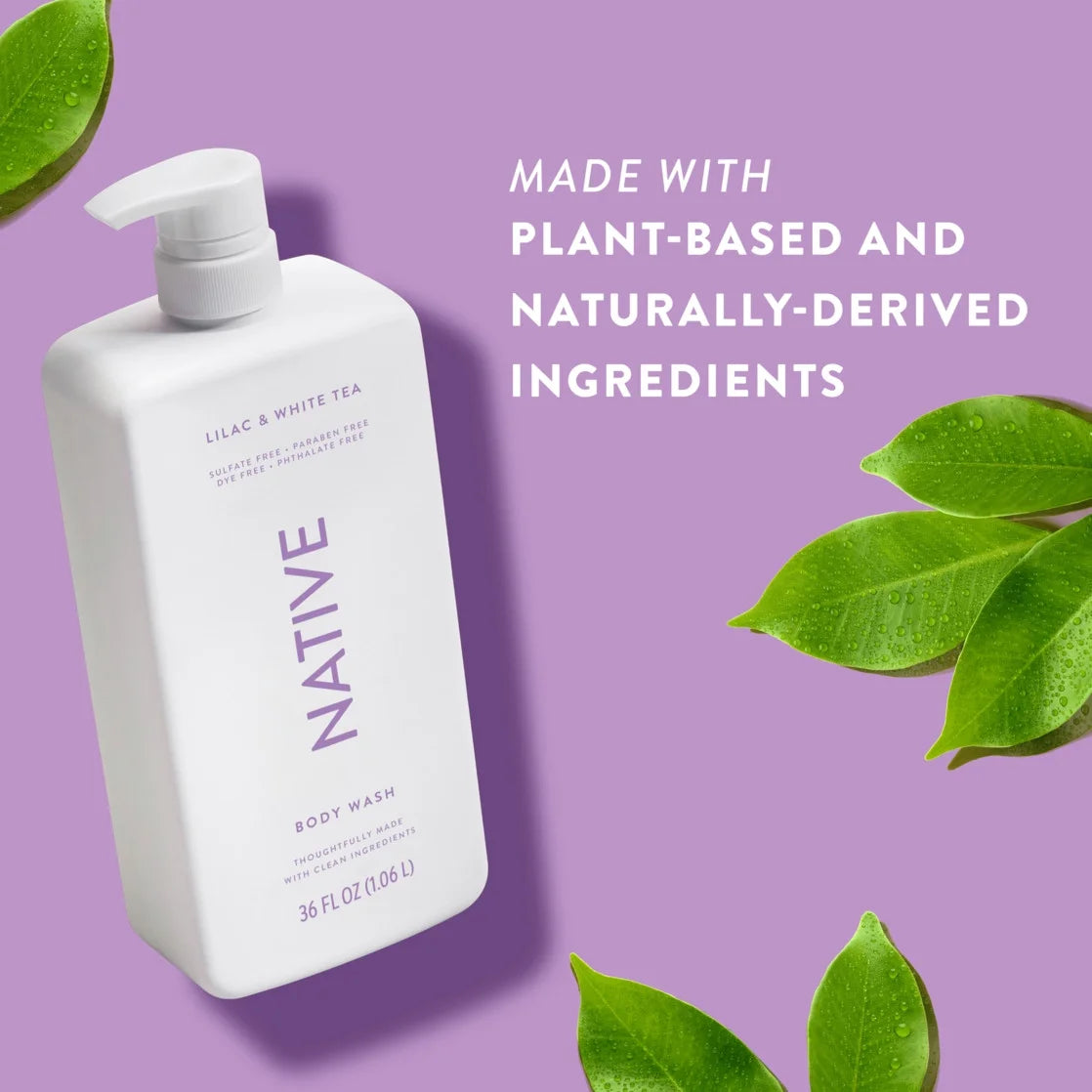 Native Body Wash, Sulfate Free, Lilac & White Tea, for Women and Men, 36 Oz