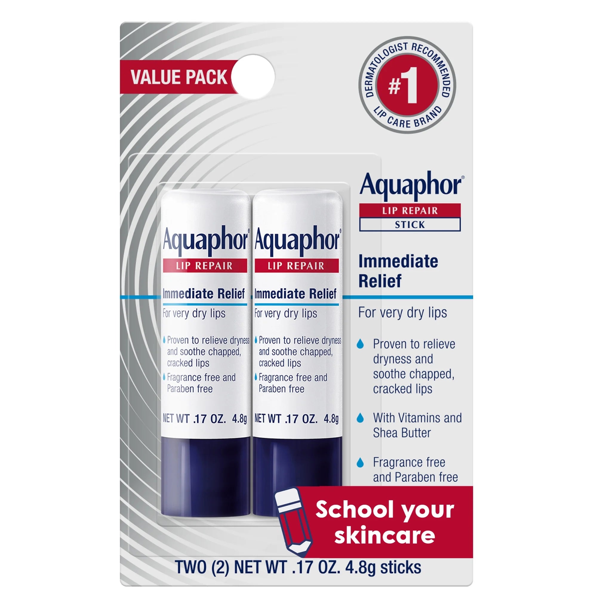 Aquaphor Lip Repair Stick for Dry Chapped Lips, Lip Balm with Shea Butter, 0.17 Oz, 2 Pack