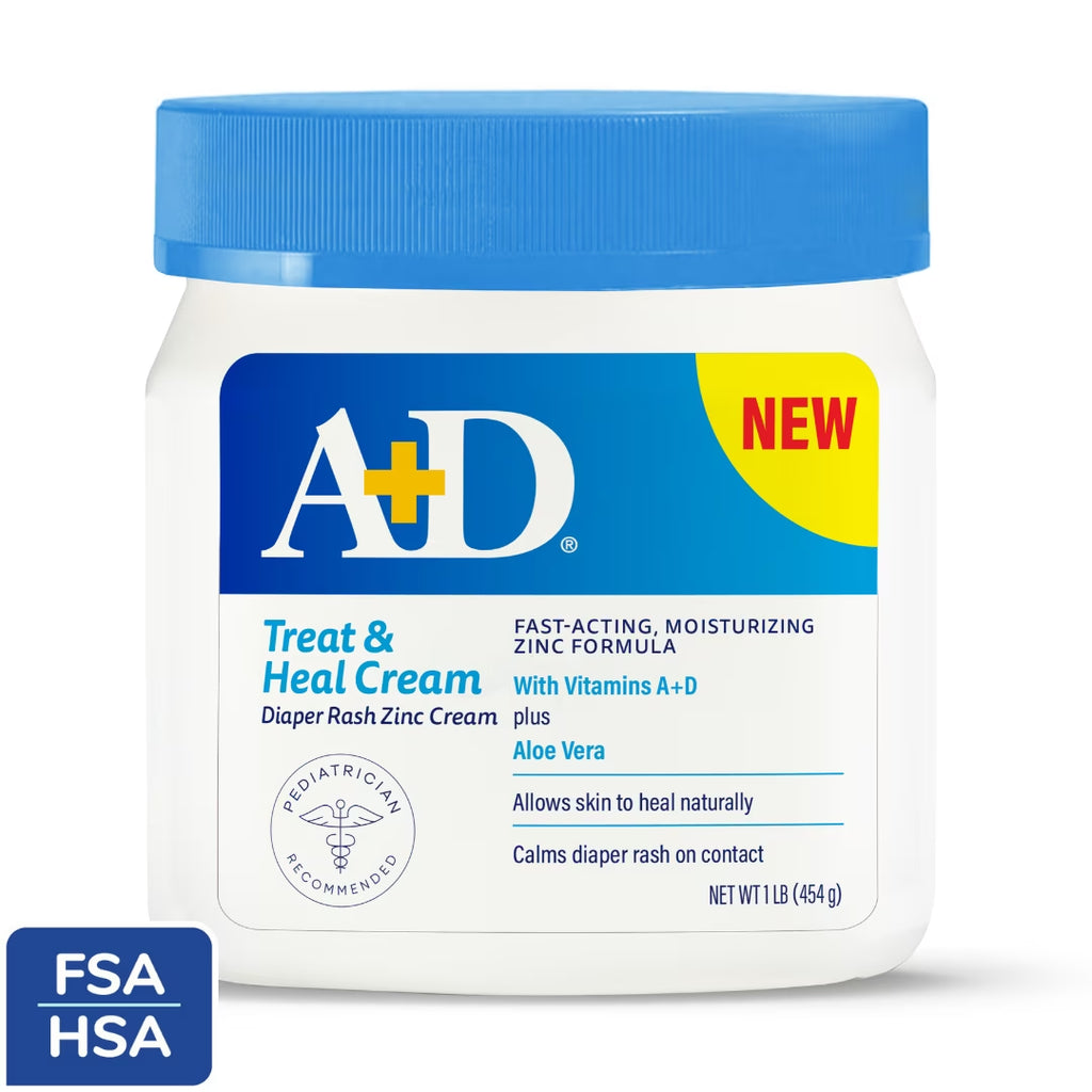 A+D Treat & Heal Diaper Rash Cream, Zinc Oxide 10%, Easy Spreading Diaper Rash Cream for Baby, 16 Oz