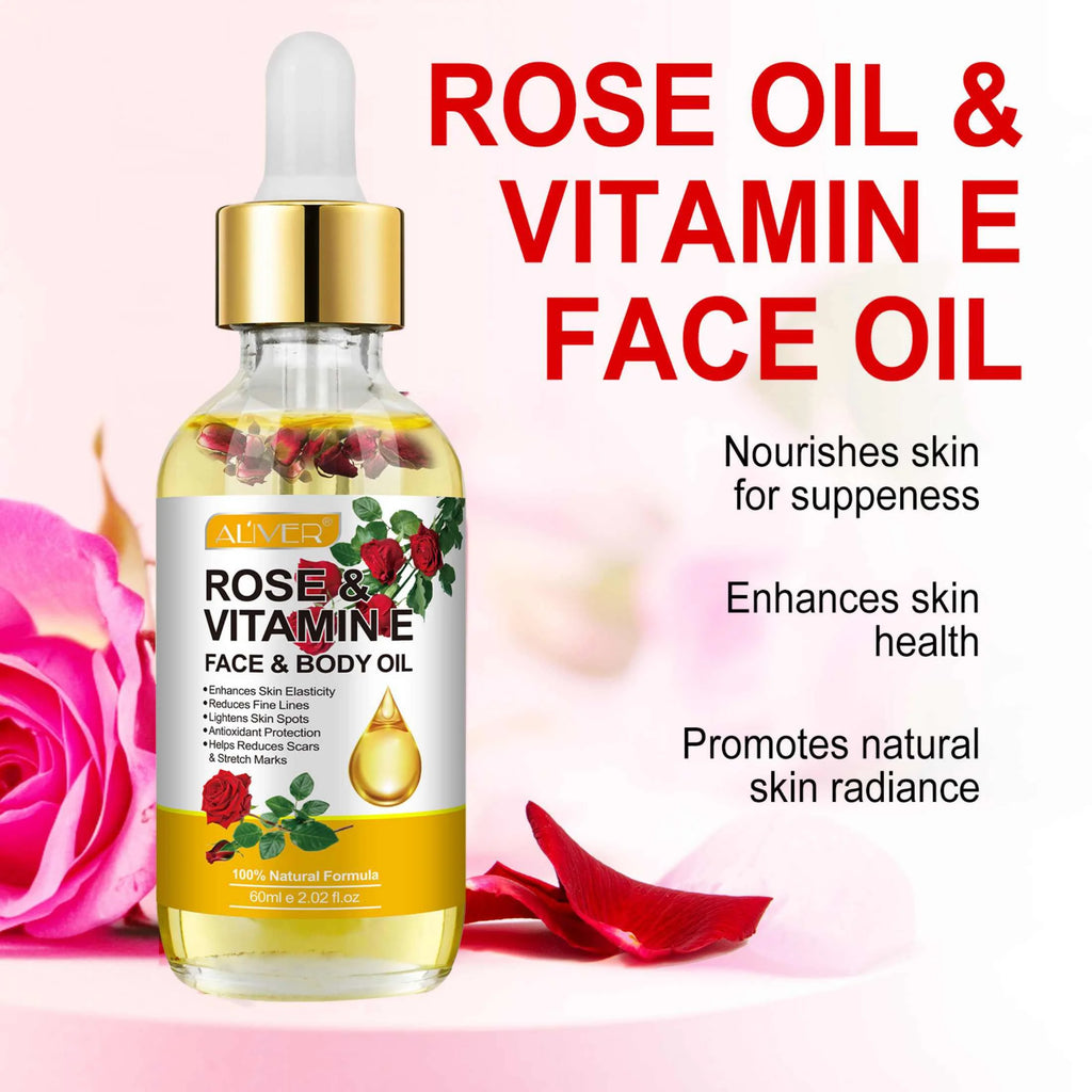 Aliver Rose & Vitamin E Oil for Face, 100% Pure and Natural , for Skin Moisturizing, Anti-Aging, Reduce Pigmentation, 2.02 Fl Oz