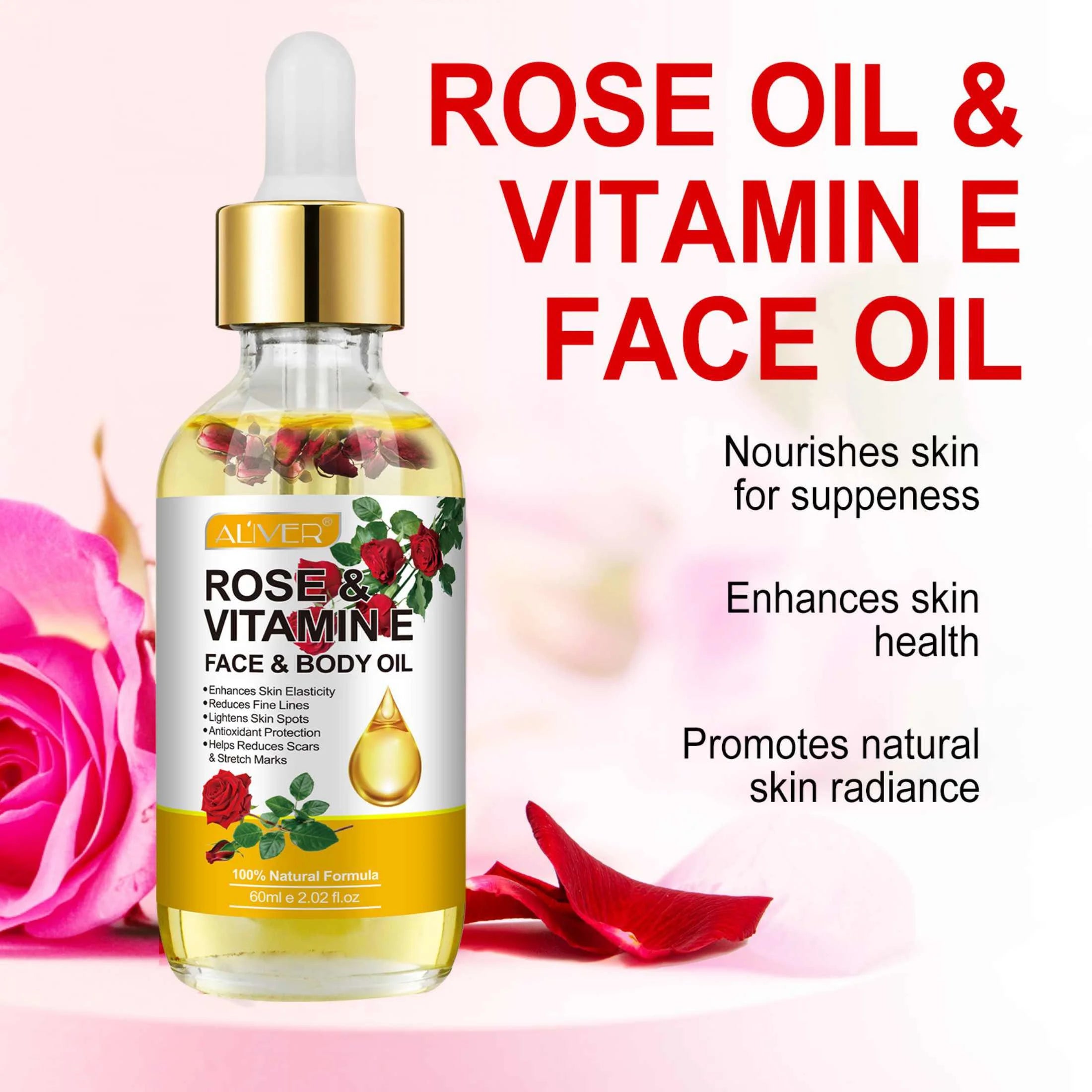 Aliver Rose & Vitamin E Oil for Face, 100% Pure and Natural , for Skin Moisturizing, Anti-Aging, Reduce Pigmentation, 2.02 Fl Oz