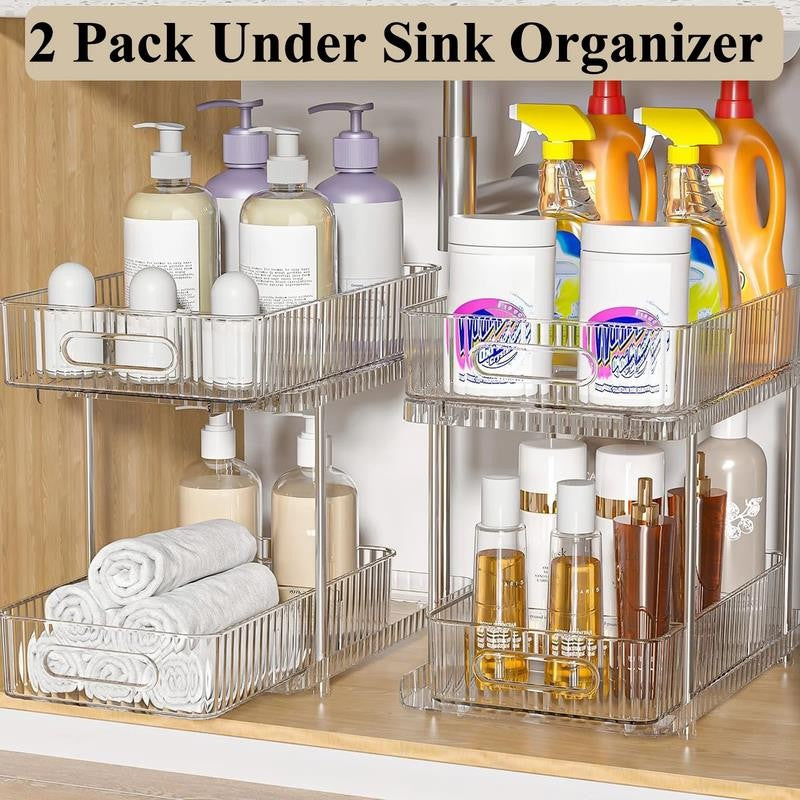 2 Pack Pull Out Bathroom Cabinet under Sink Organizers and Storage, 2 Tier Clear