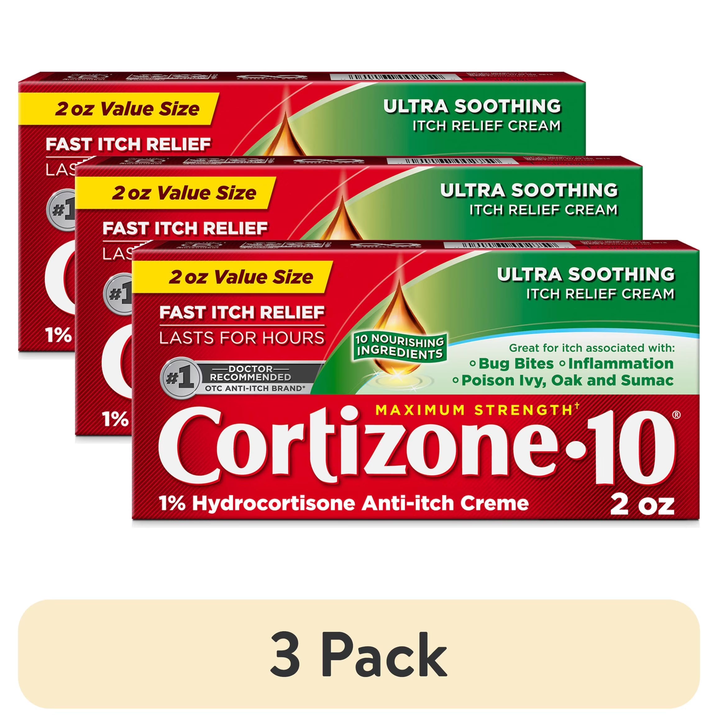 (3 Pack) Cortizone-10 Maximum Strength Ultra Soothing Itch Relief Cream, 1% Hydrocortisone, Fast-Acting, Anti-Itch Cream for Bug Bites, Rash, Eczema, Psoriasis, Poison Ivy, Oak, Sumac & More, 2 Oz