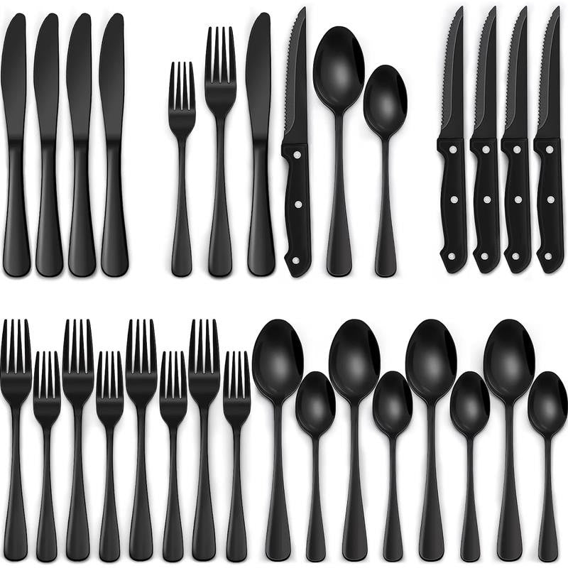 24-Piece Black Silverware Set with Steak Knives, Black Flatware Set for 4, Food