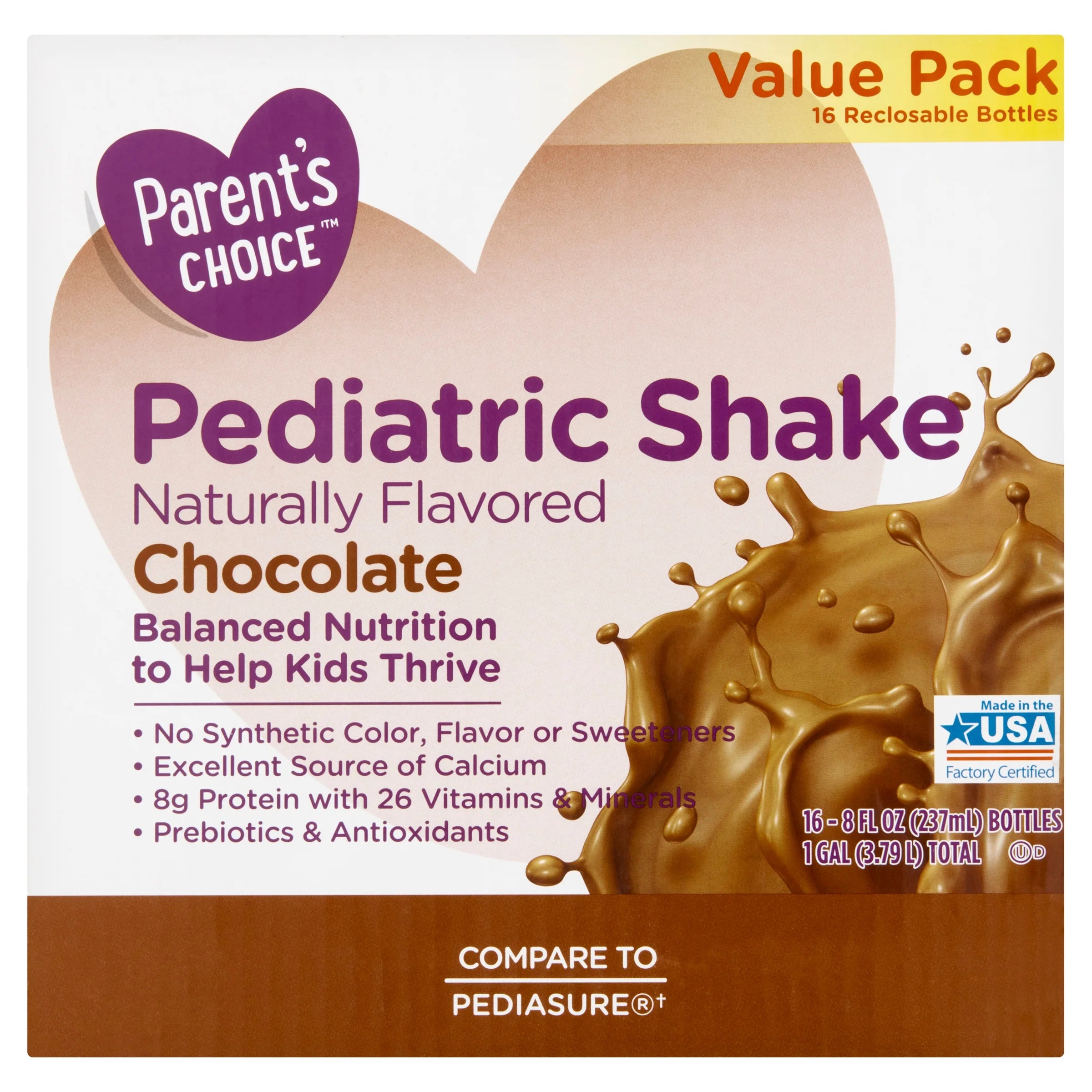Parent'S Choice Pediatric Shake, Chocolate, 8 Oz Bottle, 16 Shakes