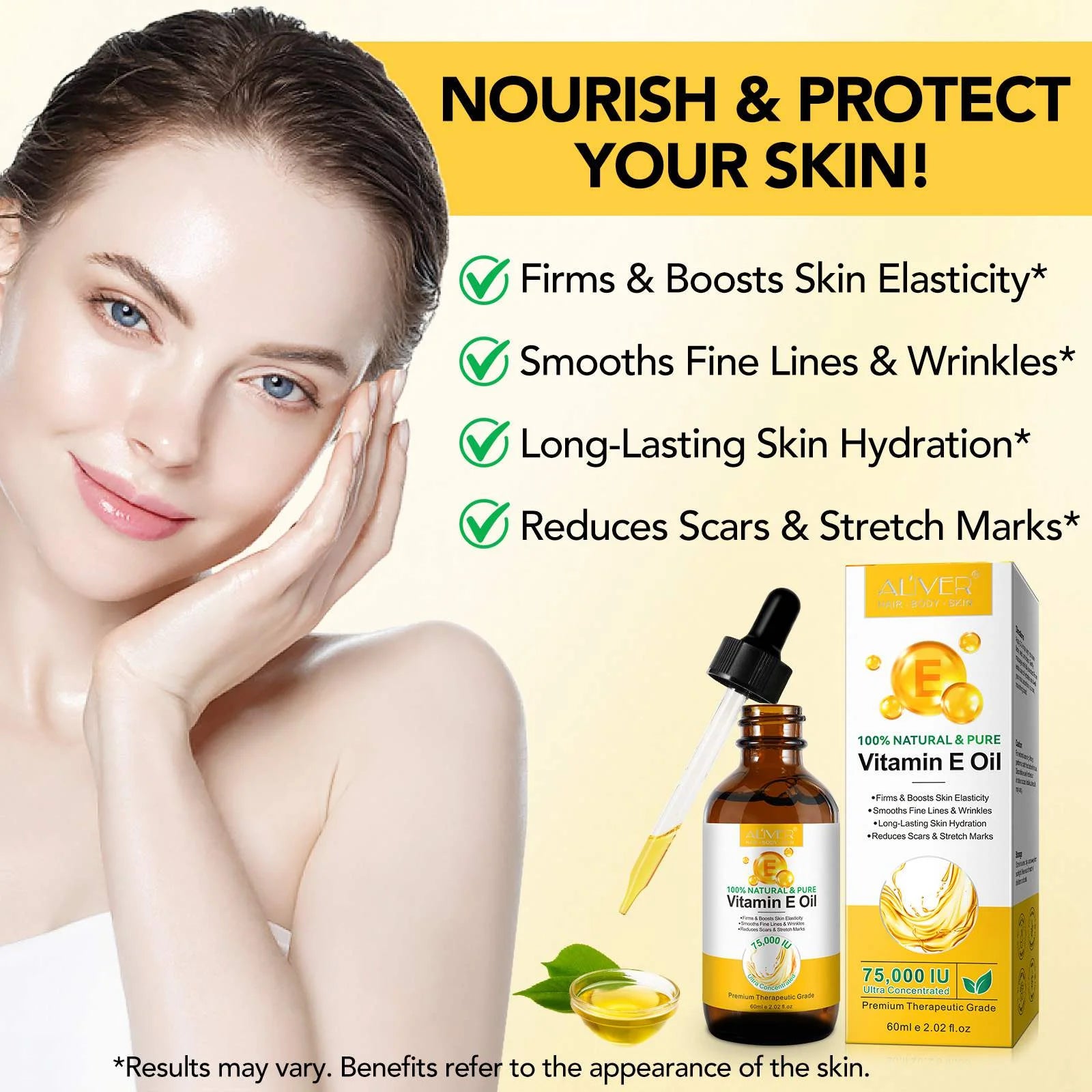Aliver Vitamin E Oil for Skin, Face, Hair, Body, 75,000 IU, Moisturizing and Firming Skin, 2.02 Fl.Oz (2Pack)