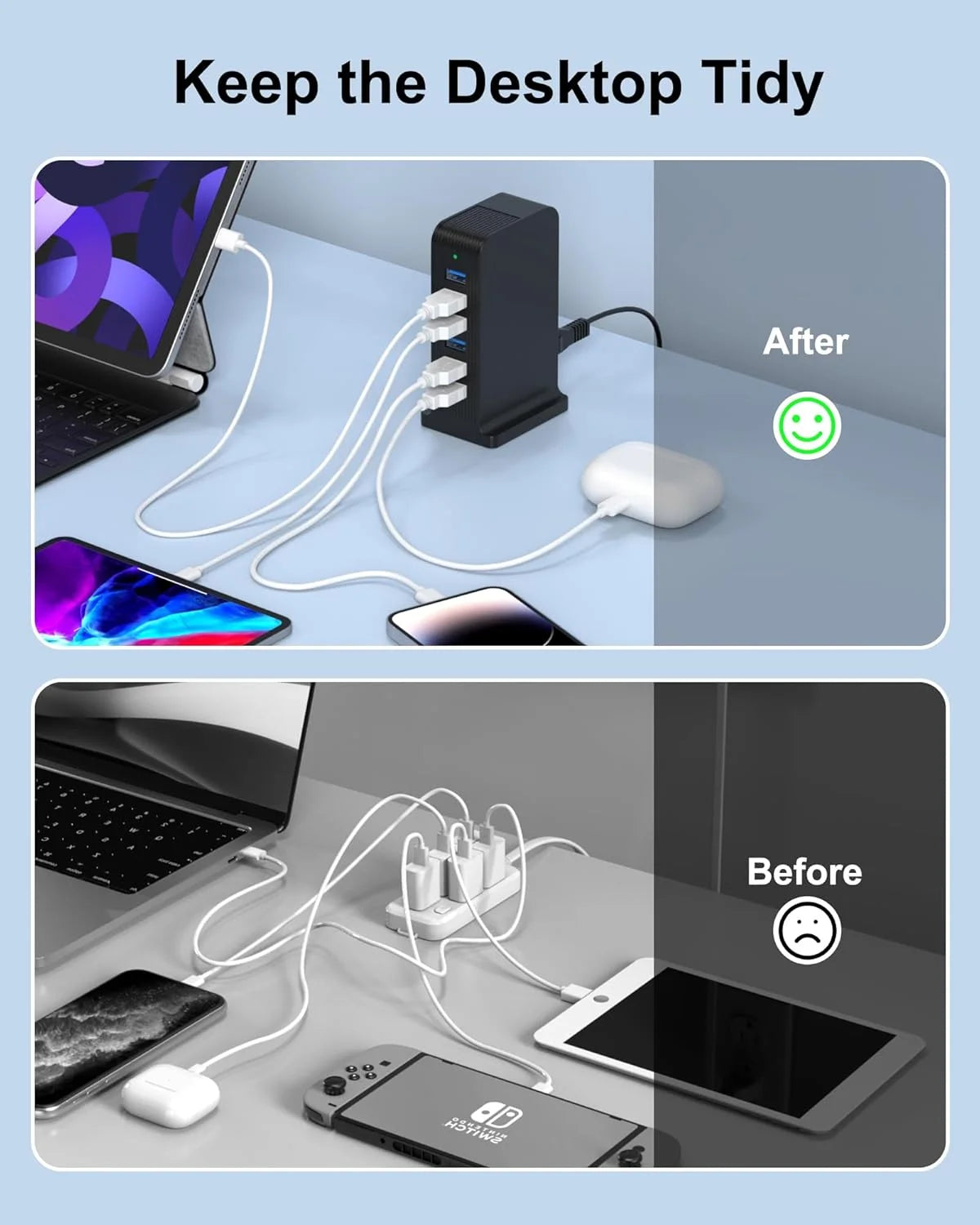 VHBW USB Tower 20W Charging Station, 6 USB Ports Charger Electric Desktop Multiple Charger Station Compatible with Smart Phone and Tablets Etc