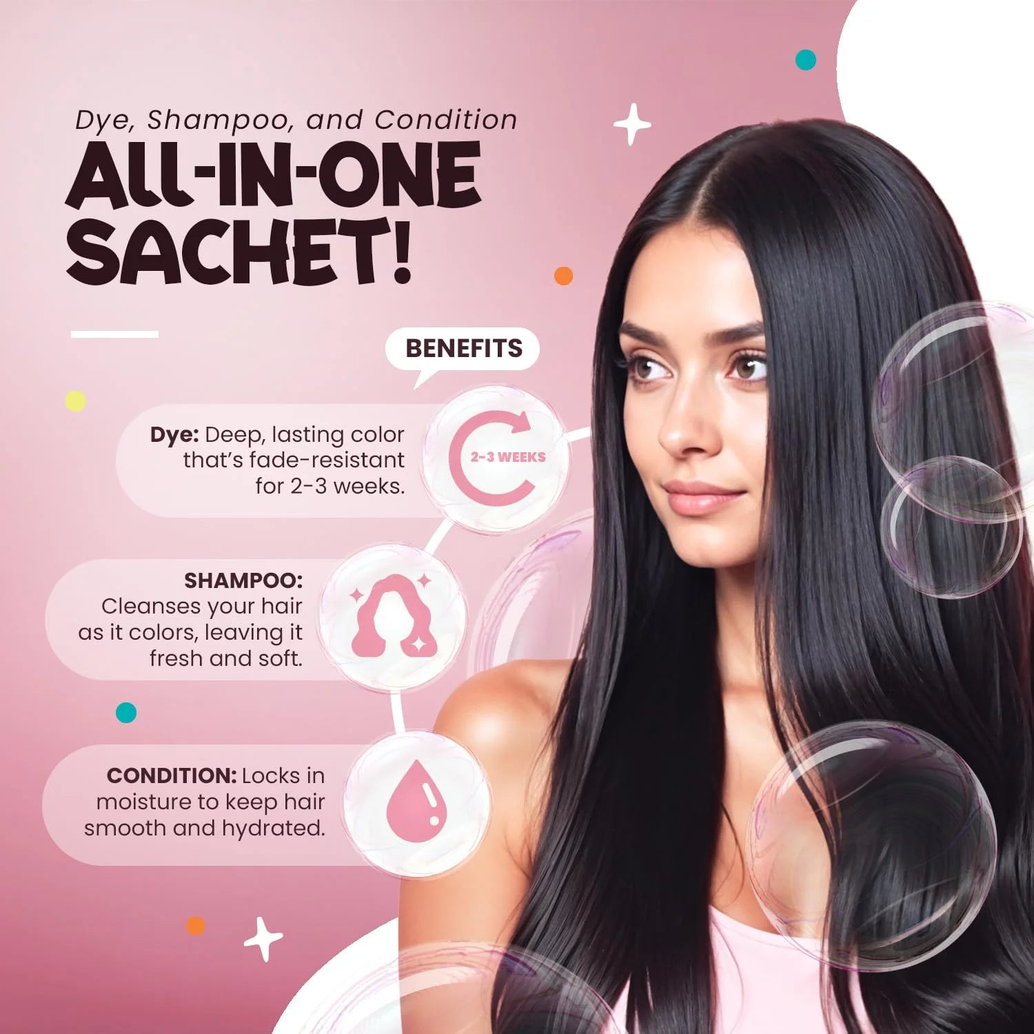 3-In-1 Bubble Foam Hair Dye Shampoo, Black, 10 Sachets X 24Ml, Ammonia-Free, Long-Lasting Color for Men & Women
