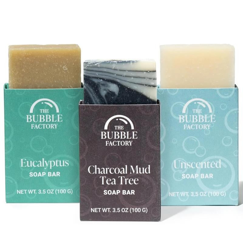 Fresh & Clean Collection 3 Pack Soap Eucalyptus, Unscented, Charcoal Mud Tea Tre
