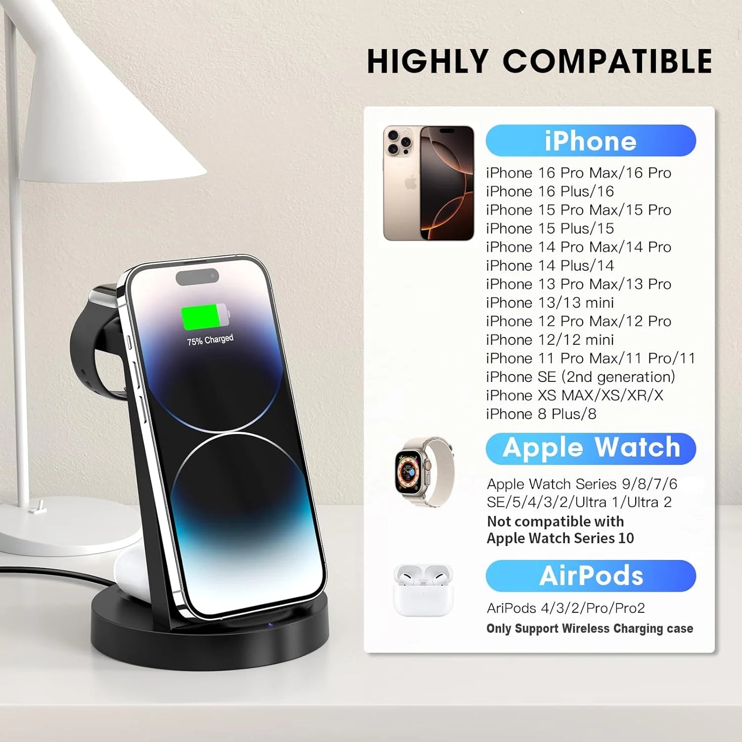 18W Wireless Charger - 3 in 1 Charging Station Compatible with Iphone 16E 16 15