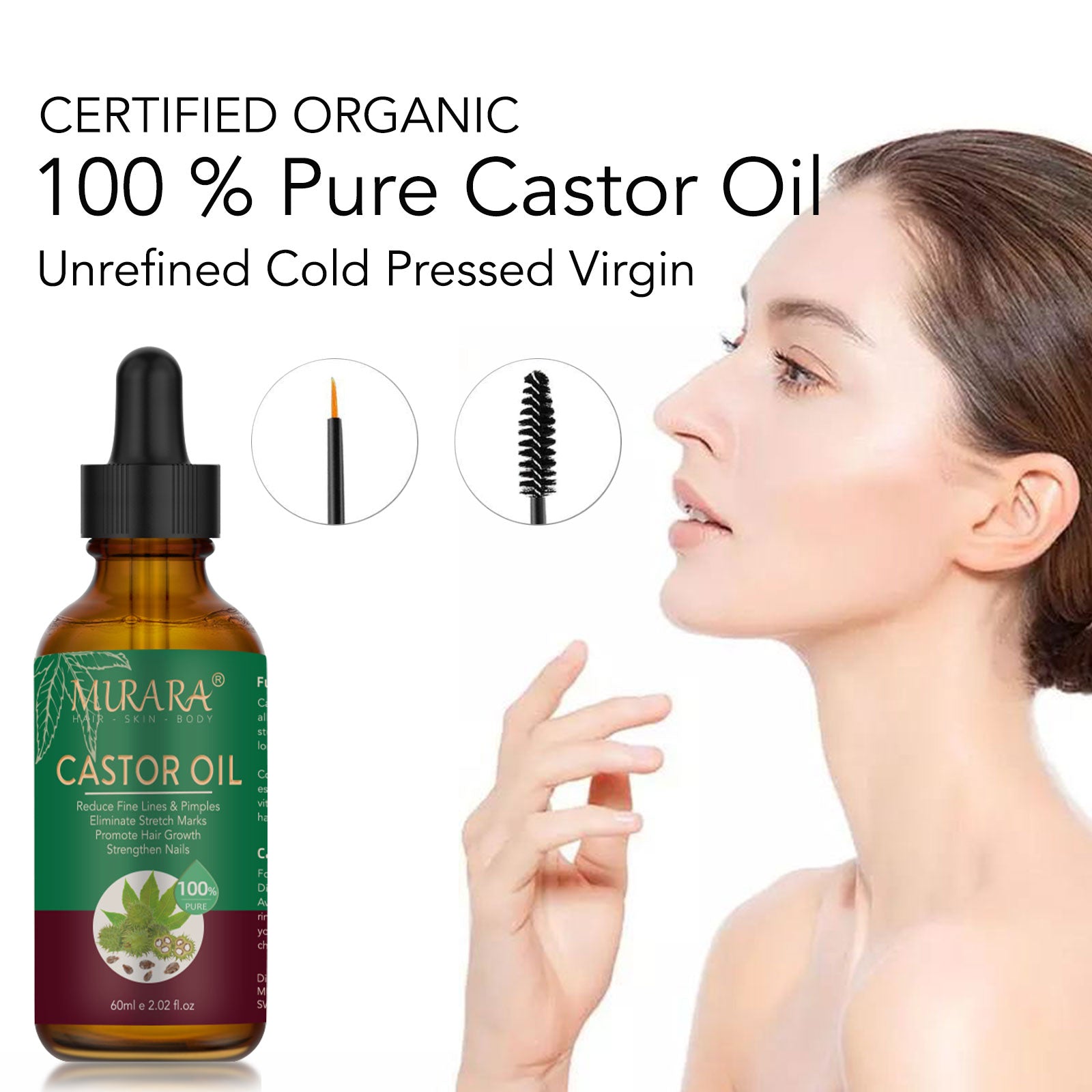 Murara Organic Castor Oil for Hair Care,Fade Fine Lines and Wrinkles, Pure Cold Pressed Castor Oil for Hair,Eyelashs,Eyebrows,Face and Skin Care