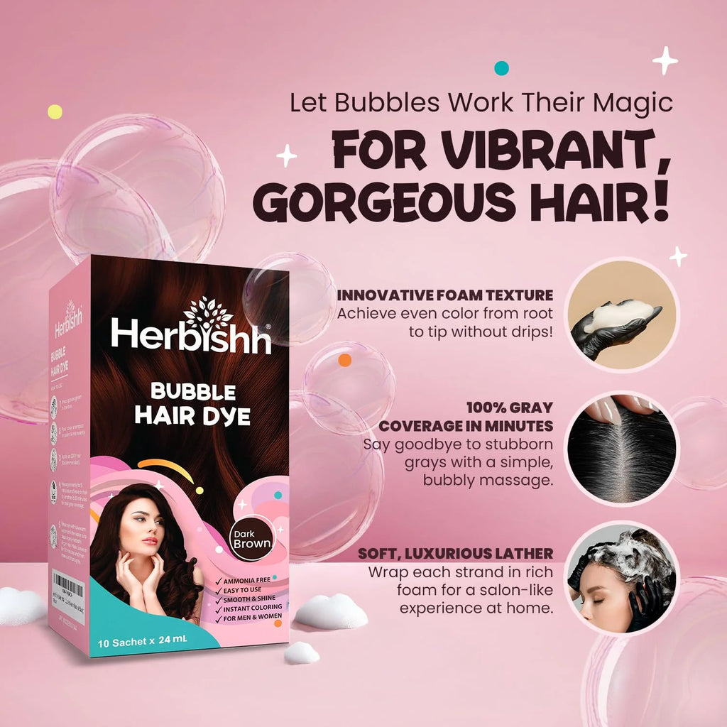 3-In-1 Bubble Foam Hair Dye Shampoo, Dark Brown, 10 Sachets X 24Ml, Ammonia-Free, Long-Lasting Color for Men & Women