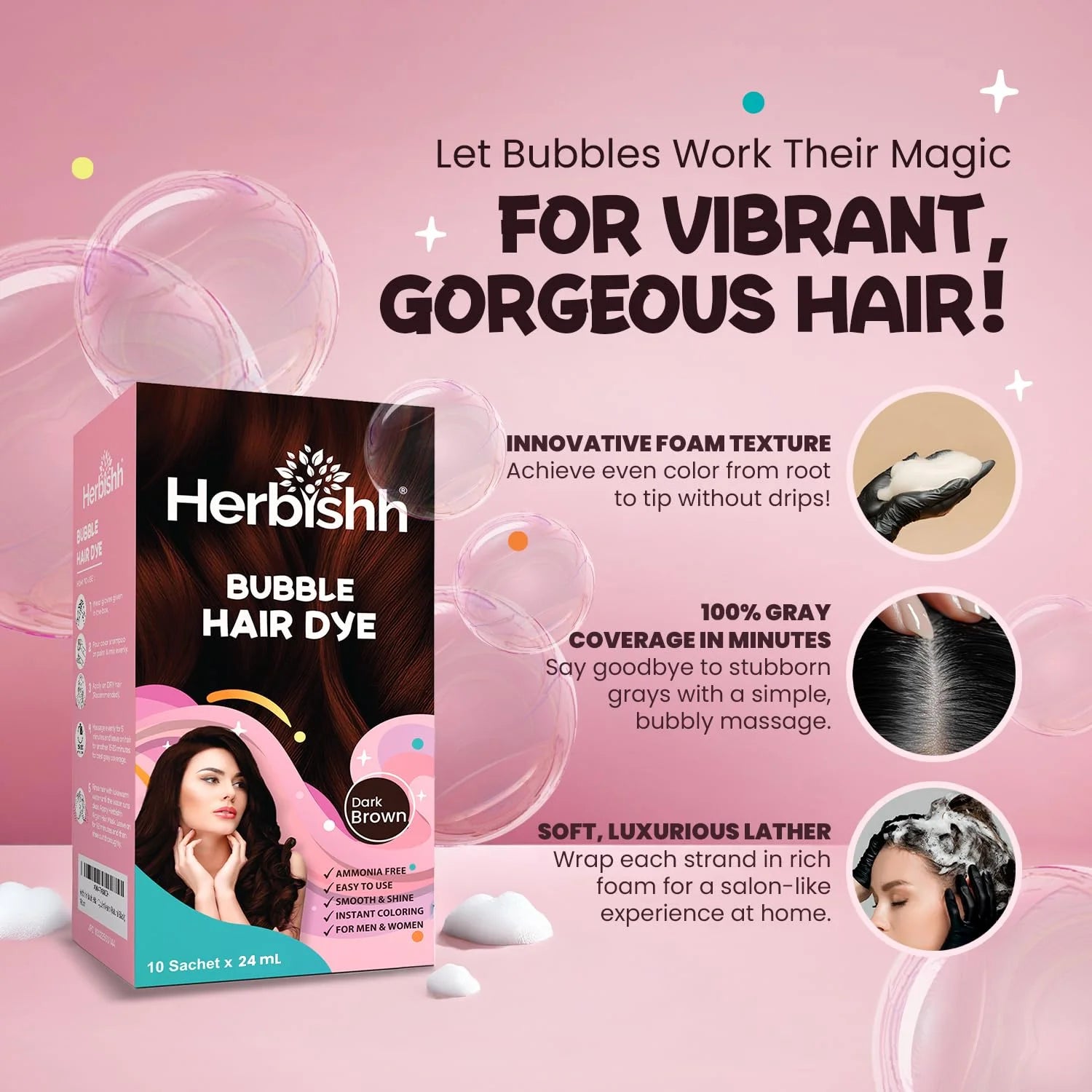 3-In-1 Bubble Foam Hair Dye Shampoo, Dark Brown, 10 Sachets X 24Ml, Ammonia-Free, Long-Lasting Color for Men & Women