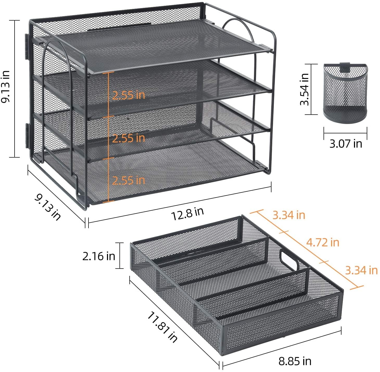 4-Tier Desk Organizer with Drawer – Multi-Functional Desktop File Holder with Pen & Pencil Cup, Letter Tray Organizer for Office Supplies, Black Metal File Organizer for Home and Office