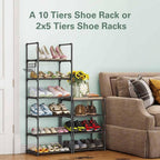 10 Tier Metal Shoes Rack, Narrow Stackable Shoes Shelf with Hooks, Shoe Tower F