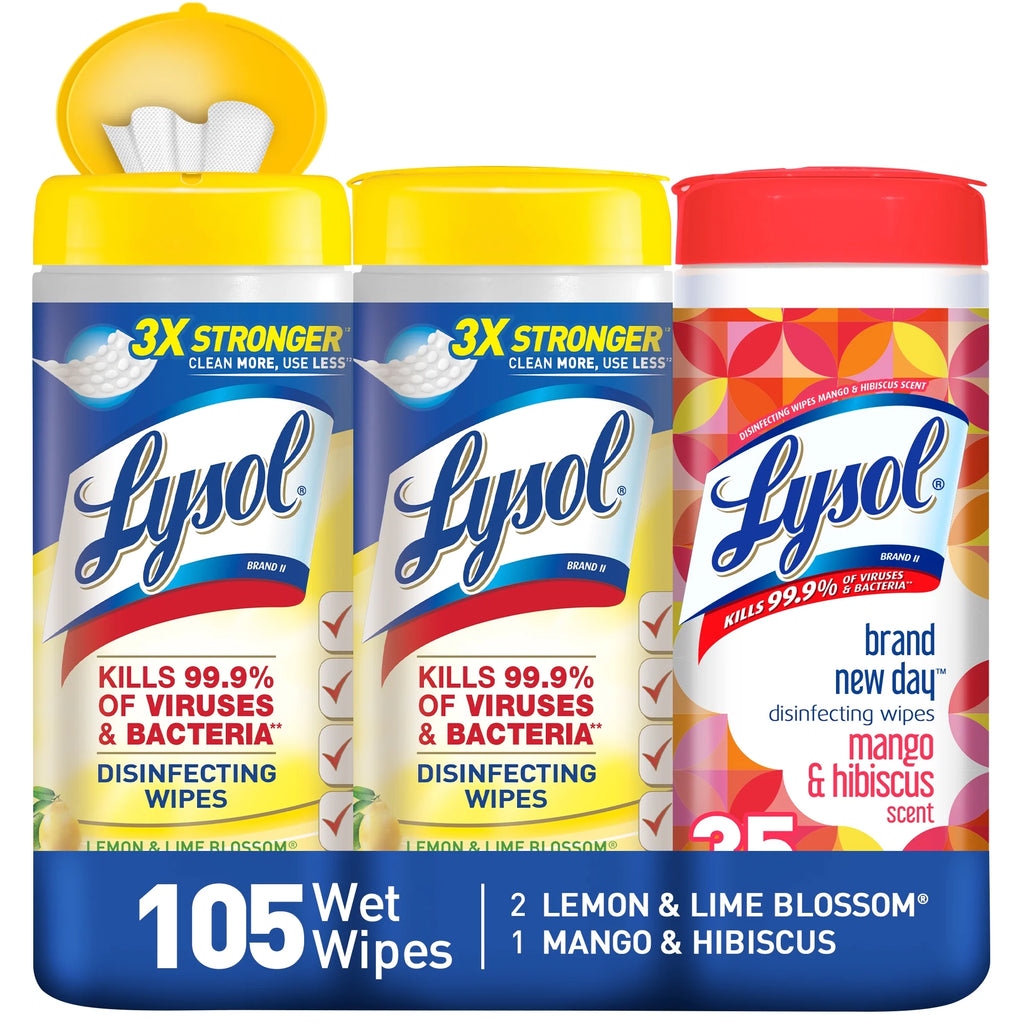 Lysol Disinfecting Wipes, 2 Lemon Lime & 1 Mango Hibiscus, 105Ct(3X35Ct), Brand New Day, Tested & Proven to Kill COVID-19 Virus