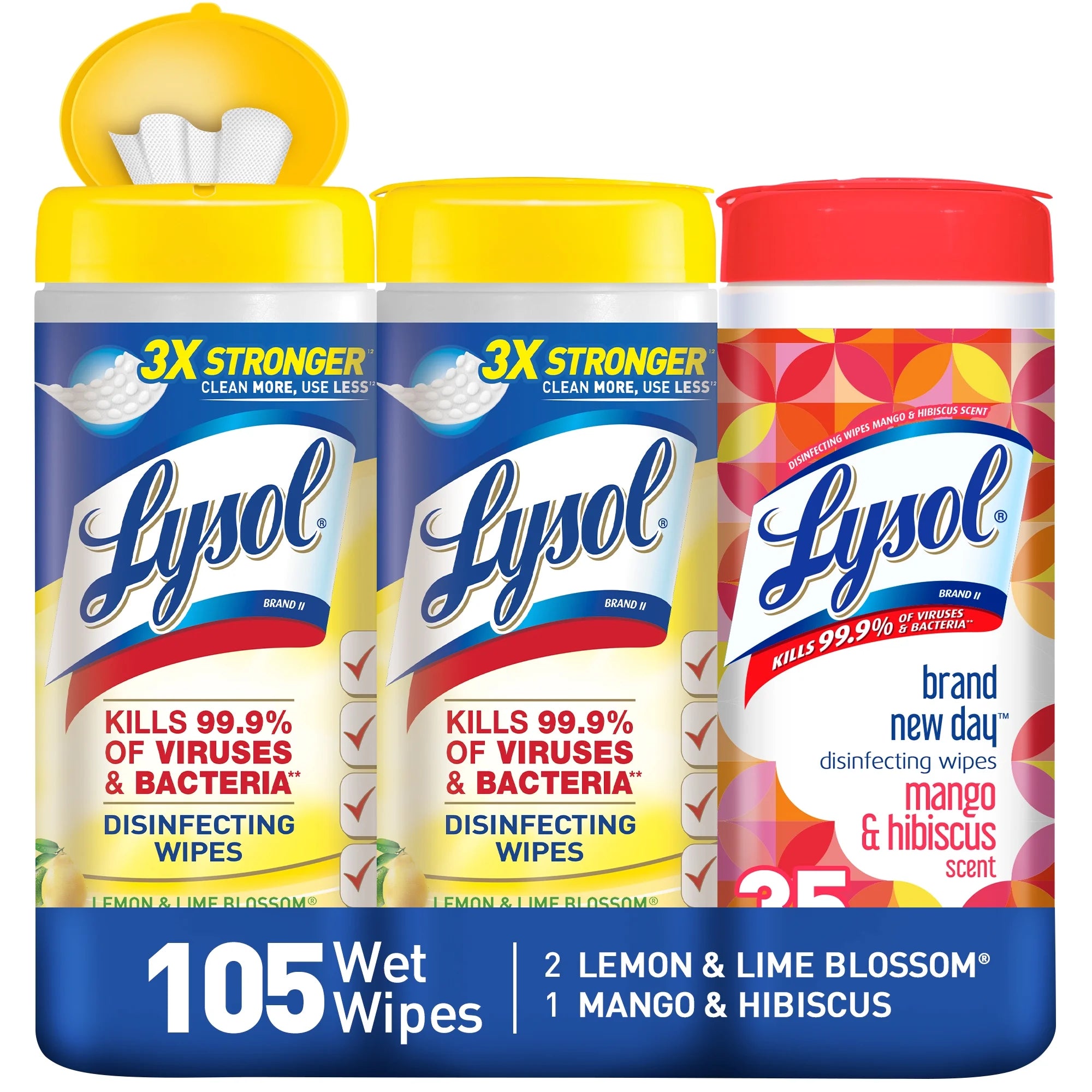 Lysol Disinfecting Wipes, 2 Lemon Lime & 1 Mango Hibiscus, 105Ct(3X35Ct), Brand New Day, Tested & Proven to Kill COVID-19 Virus