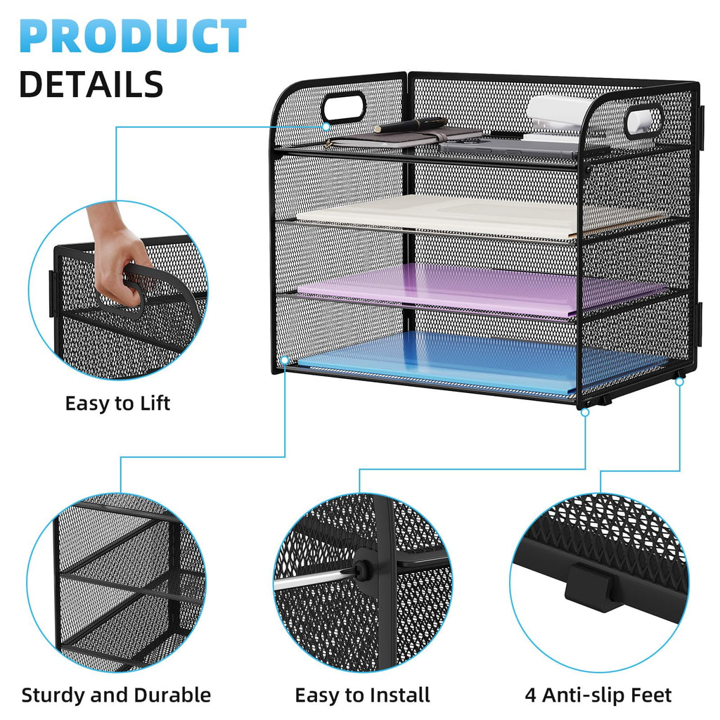 4-Tier Desk Organizer Tray, ,Paper Organizer for Desk,Mesh Desktop File Organizers with Handle