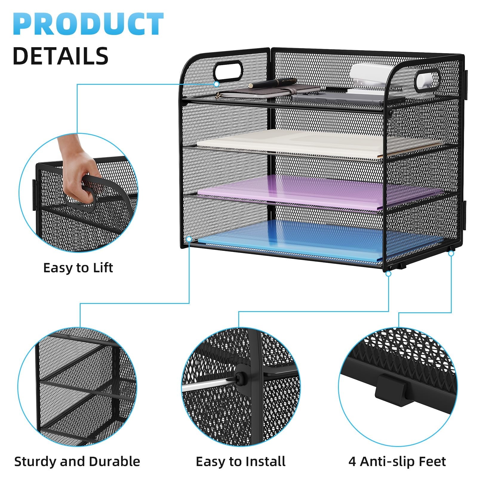 4-Tier Desk Organizer Tray, ,Paper Organizer for Desk,Mesh Desktop File Organizers with Handle