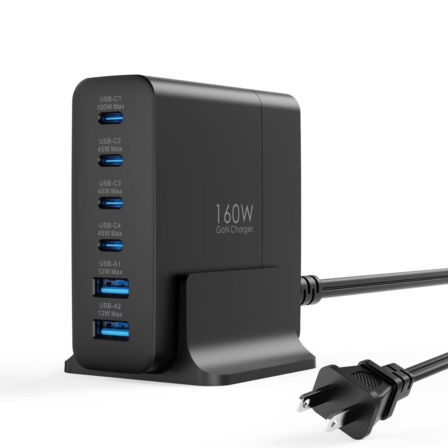 160W Gan Charger Hub: 4 USB-C + 2 USB-A Ports, 100W PD Fast Charging for Laptop/Phone/Tablet