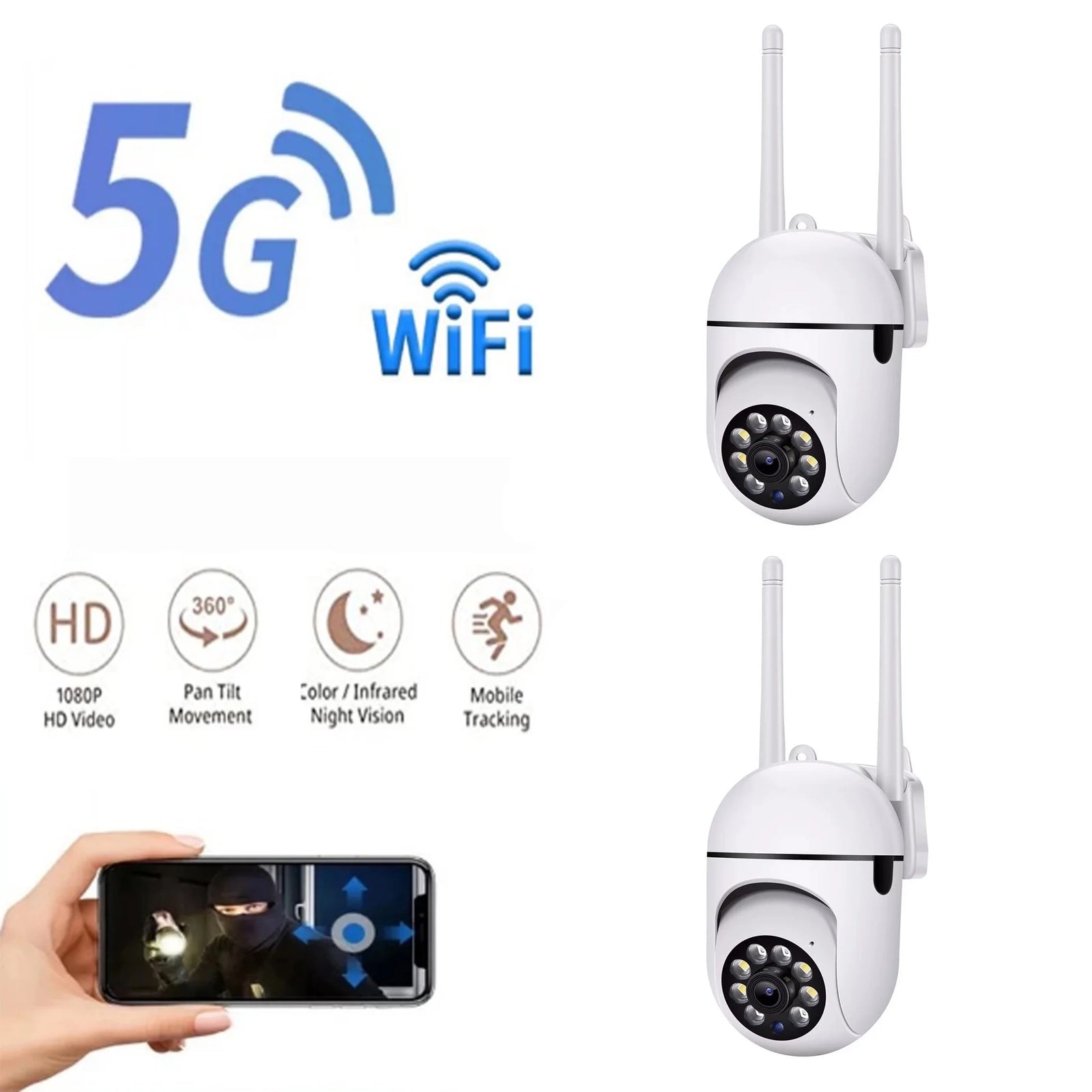 2 Pack 5G Wifi Waterproof Surveillance Camera, IR Night Vision, Motion Detection