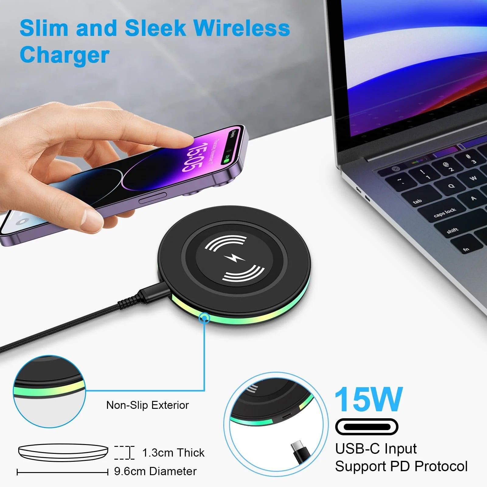 ABCPOW 15W Fast Wireless Charger Samsung Android Fast Charging Pad Qi-Certified Wireless Charger Mat Wireless Charger Station Compatible for Iphone 17 16 15 14 Samsung Galaxy S25 S24 S23 S22,Black