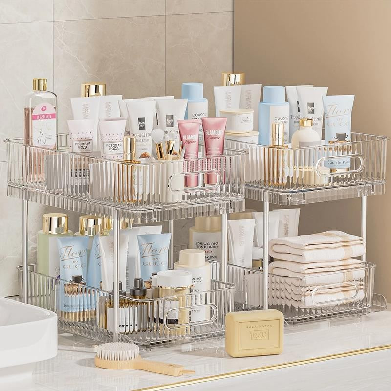 2 Pack Pull Out Bathroom Cabinet under Sink Organizers and Storage, 2 Tier Clear