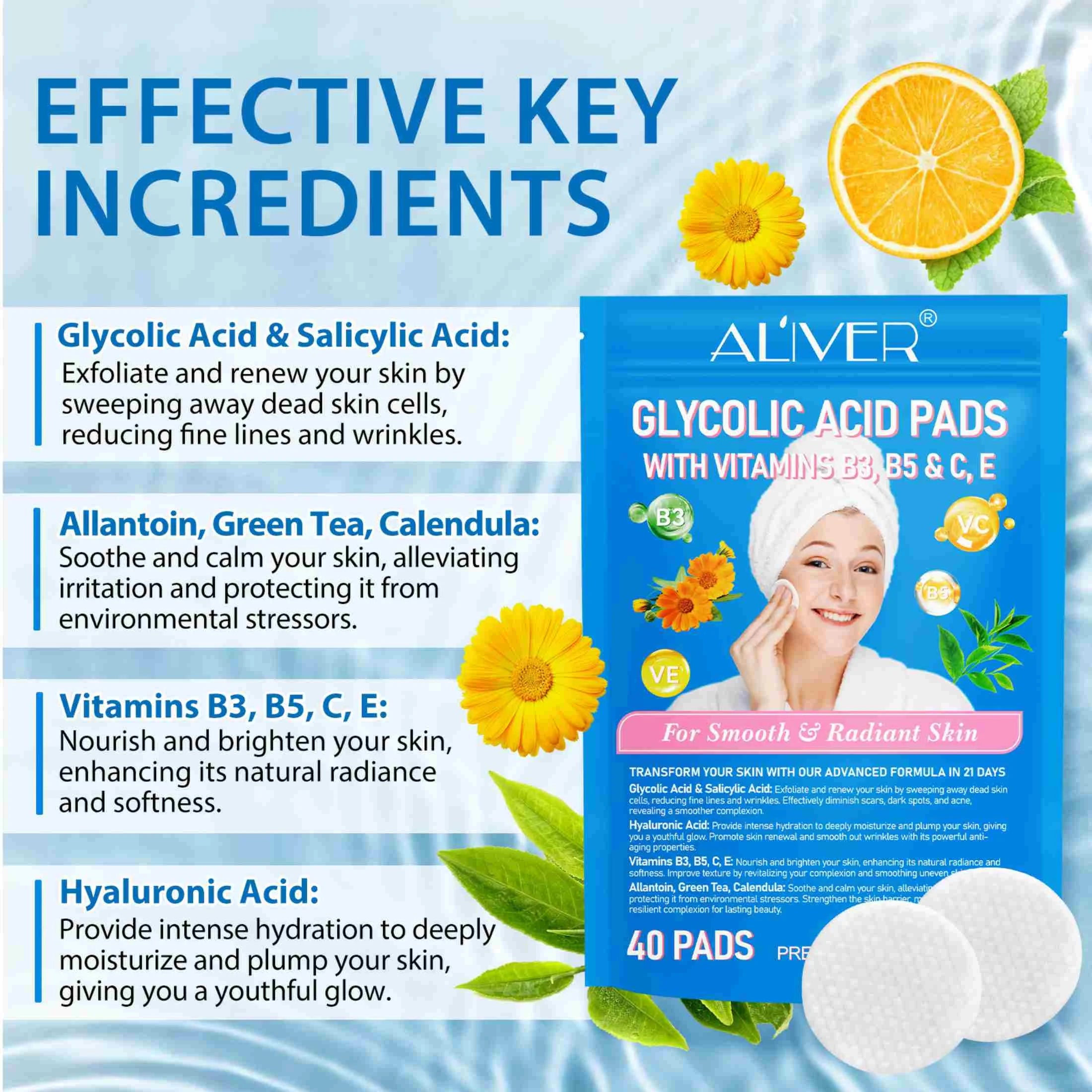 Aliver Glycolic Acid Pads,Cleansing Pads for Face & Body with Vitamins B3, C & E,For All Skin Types,40 Pads