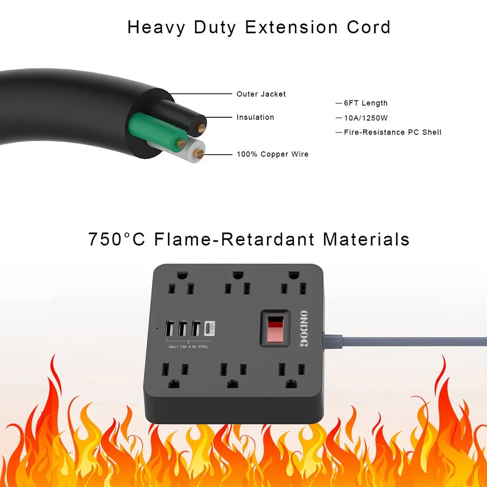 5Ft Extension Cord - 6 AC Outlets and 4 USB Charging Ports, Power Strip for Home