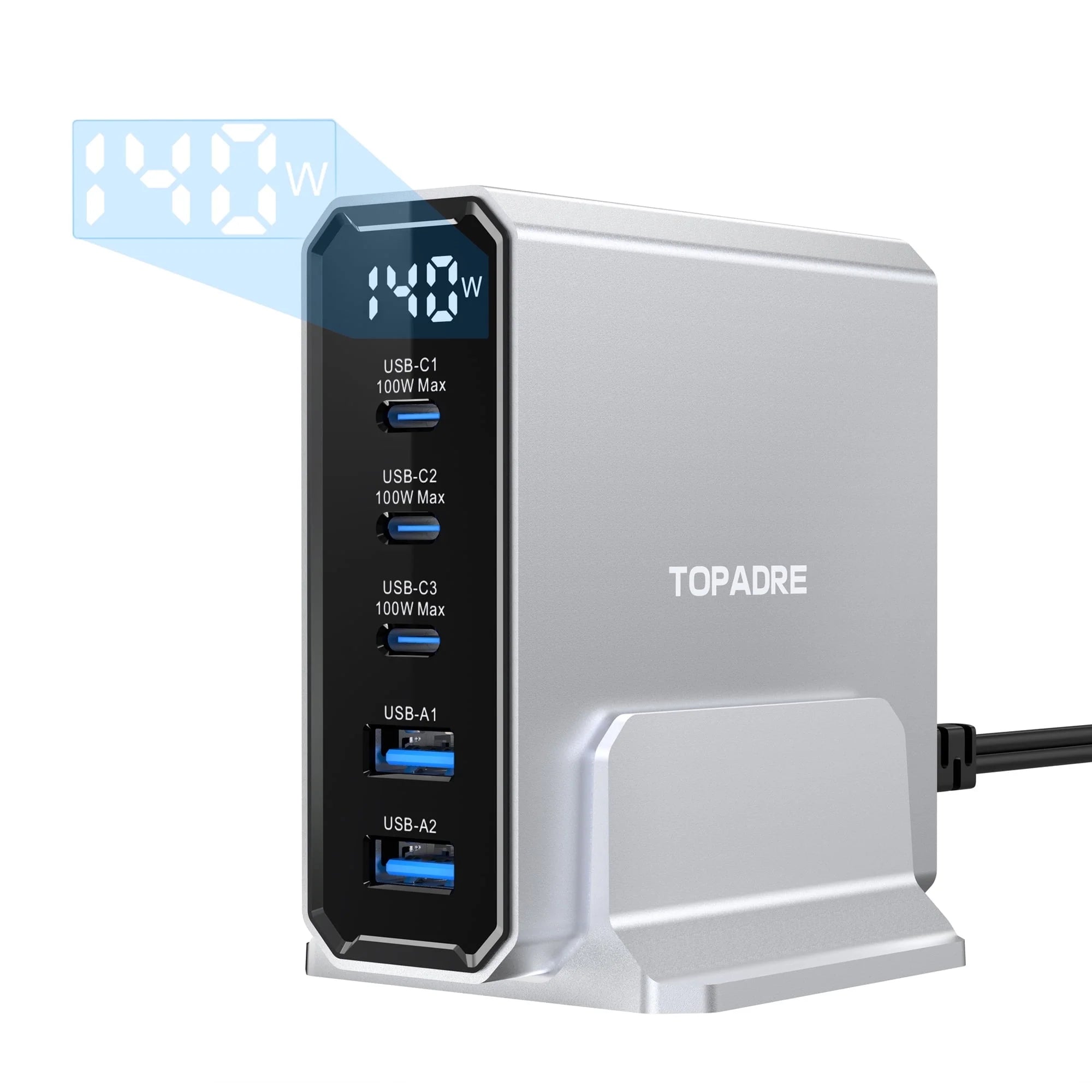 140W Gan Charger Hub with LED: 3 USB-C + 2 USB-A Ports, 100W PD Fast Charging for Laptop/Phone/Tablet