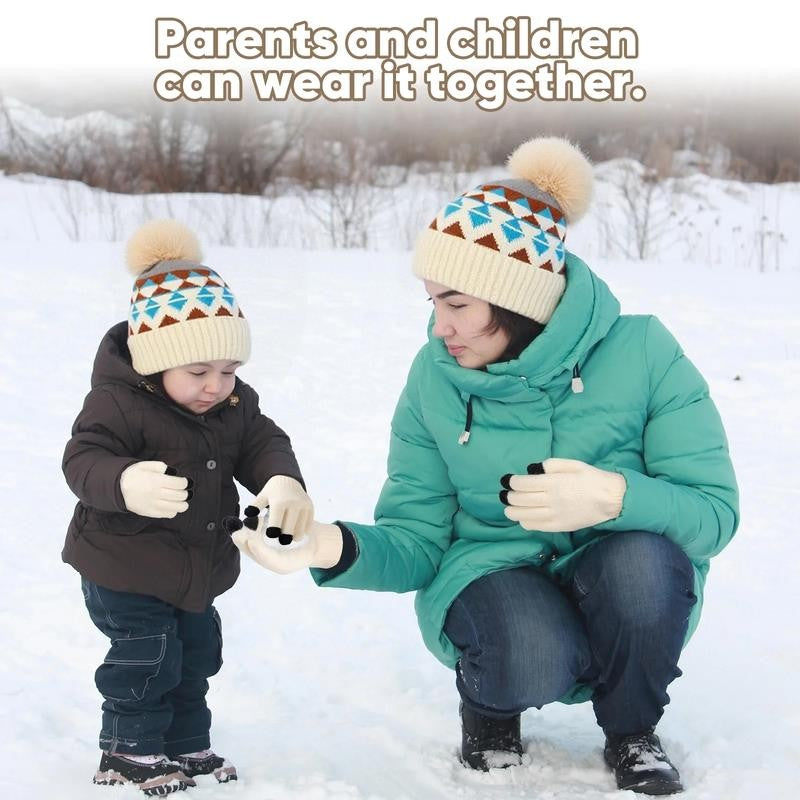 3 PCS Winter Hat Scarf Gloves Set, Long Scarf Neck Warmer Beanie with Pom Pom To