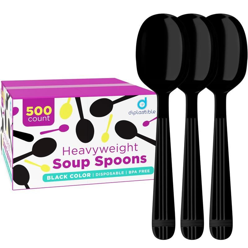 Black Plastic Spoons Heavy Duty - 500 Pack Disposable Soup Spoons - Plastic Cutl