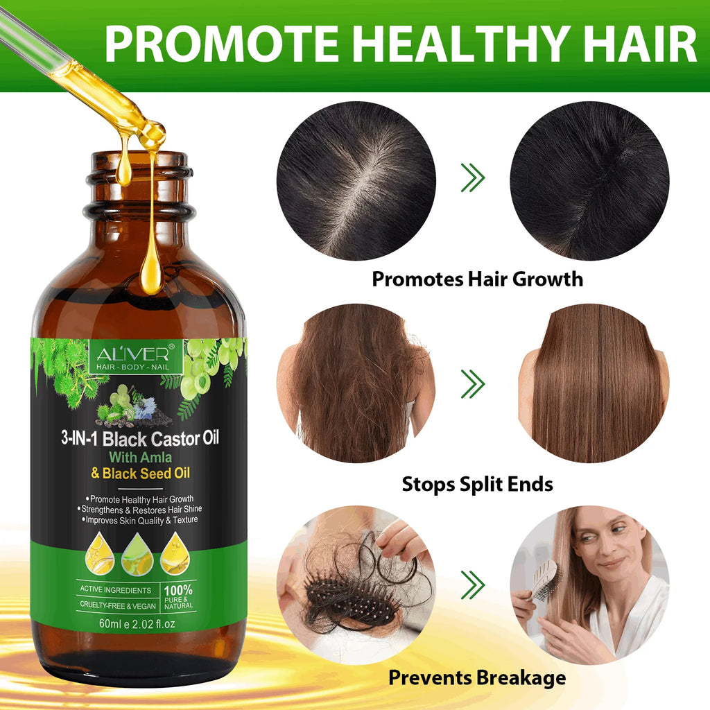 3-IN-1 Black Castor Oil with Amla & Black Seed Oil, 100% Pure & Natural, Hair Care & Skin Care, Organic Cold-Pressed, Cruelty-Free & Vegan, 2.02 Fl Oz