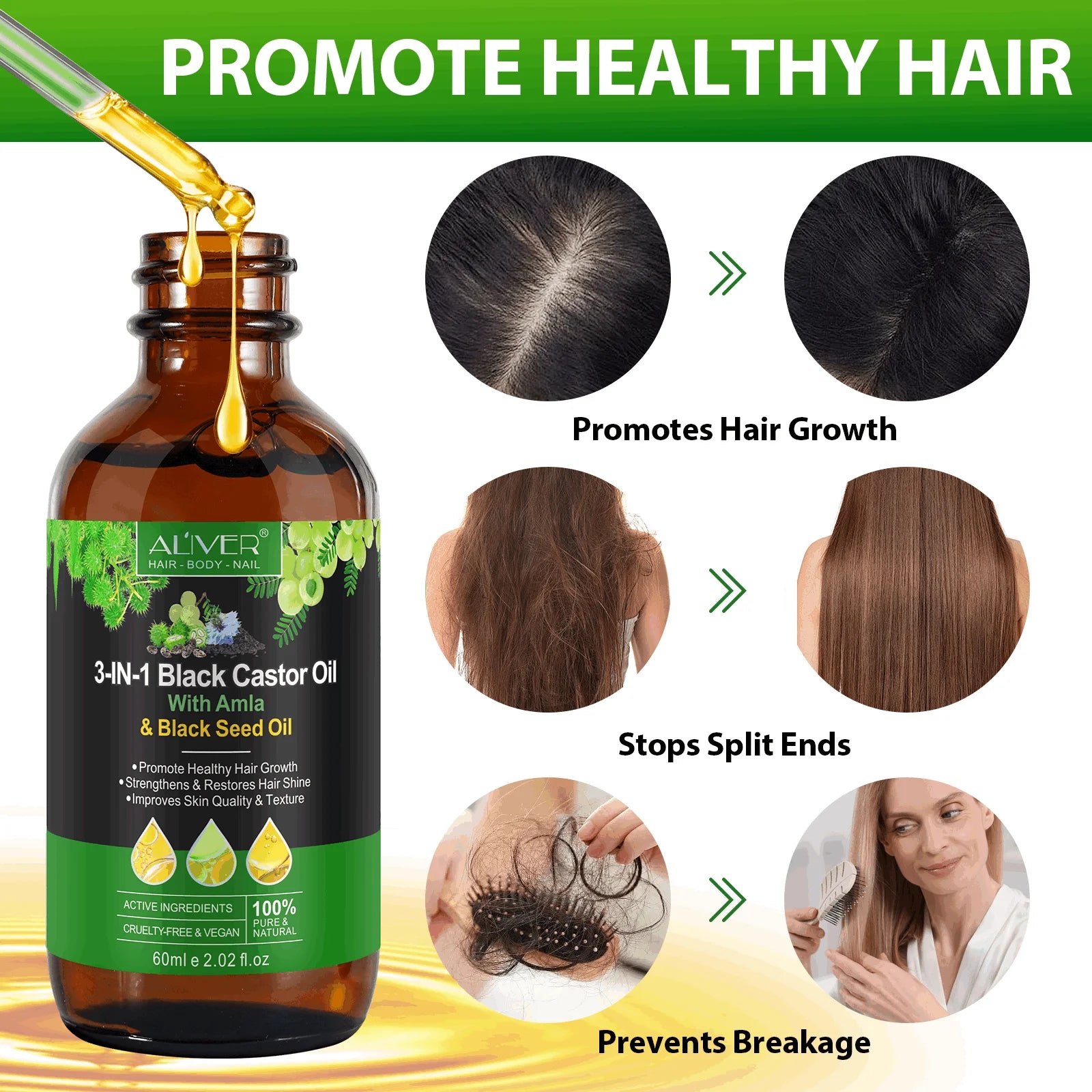 3-IN-1 Black Castor Oil with Amla & Black Seed Oil, 100% Pure & Natural, Hair Care & Skin Care, Organic Cold-Pressed, Cruelty-Free & Vegan, 2.02 Fl Oz